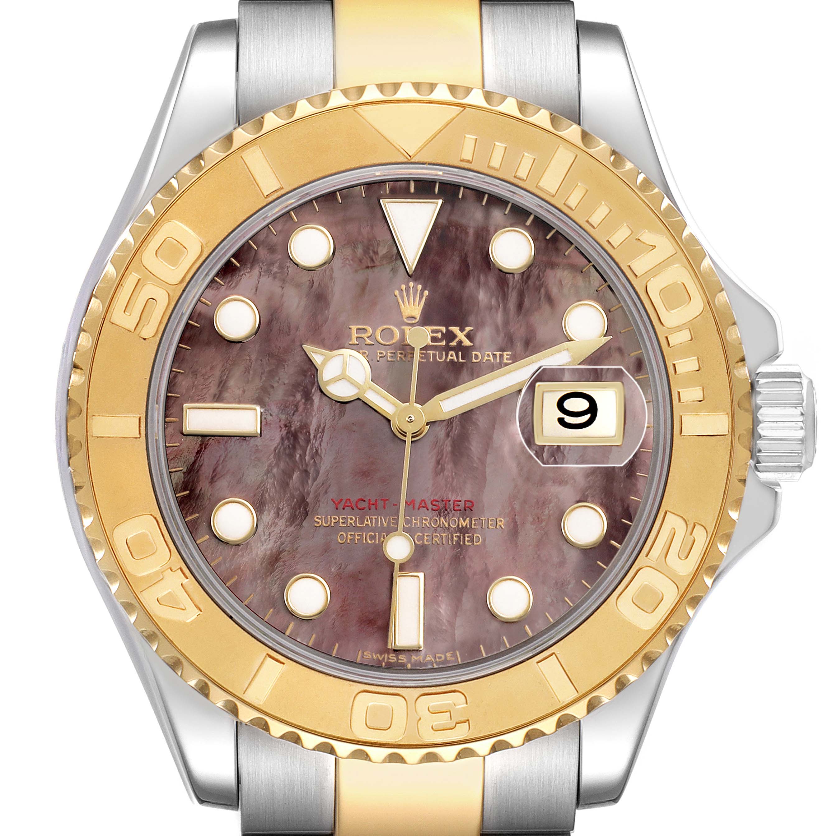 The Rolex Yacht-Master 16623 Men's Stainless Steel Mother of Pearl Dial watch is shown from a front angle, highlighting its face, bezel, and part of the bracelet.