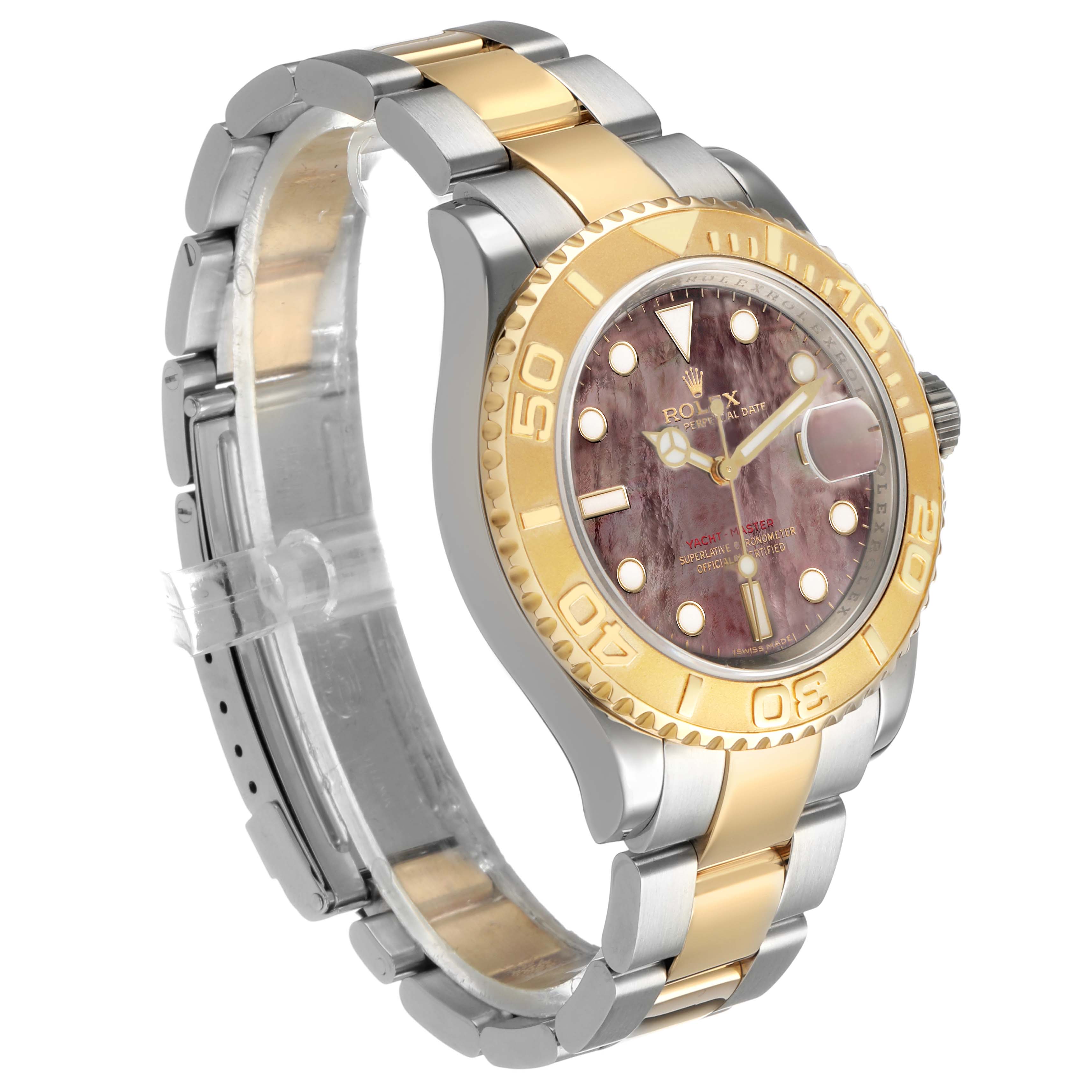The watch is a Rolex Yacht-Master 16623 Men's Stainless Steel Mother of Pearl Dial, shown at a three-quarter angle highlighting the dial, bezel, and bracelet.