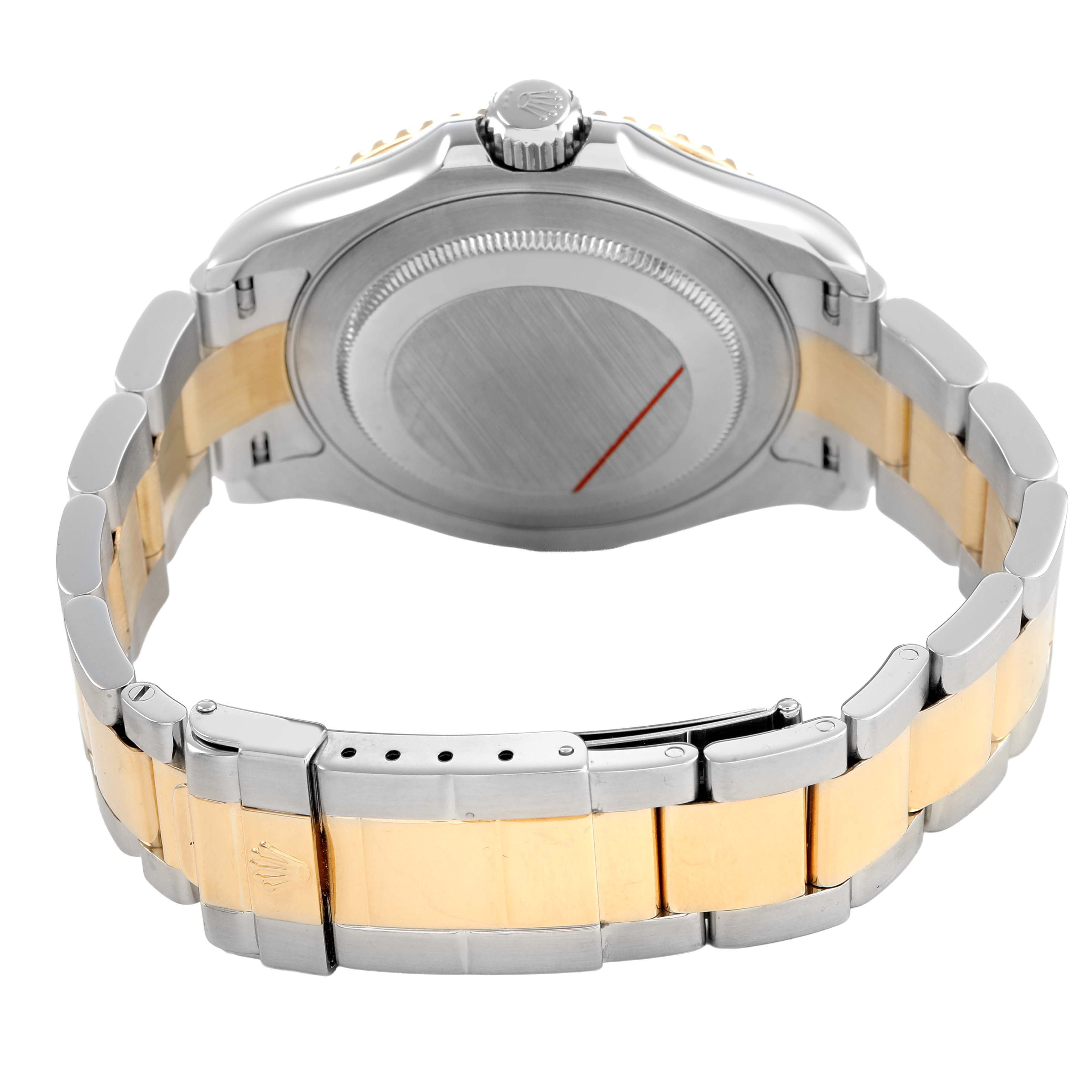 The Rolex Yacht-Master 16623 Men's Stainless Steel Mother of Pearl Dial is shown from the back, highlighting the case back, crown, and two-tone bracelet.