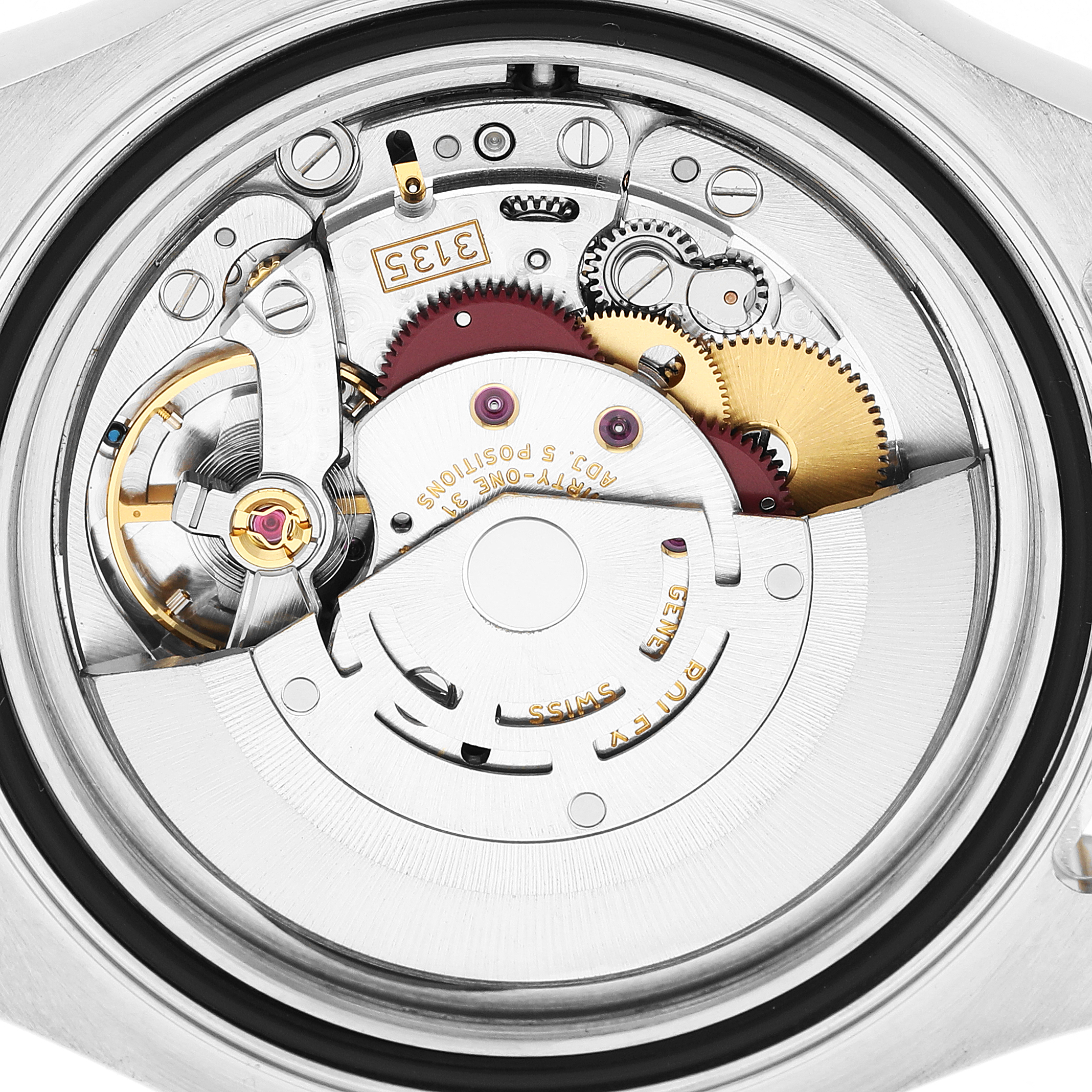 The image shows the movement mechanism of a Rolex Yacht-Master 16623 Men's Stainless Steel Mother of Pearl Dial watch from a top view angle.