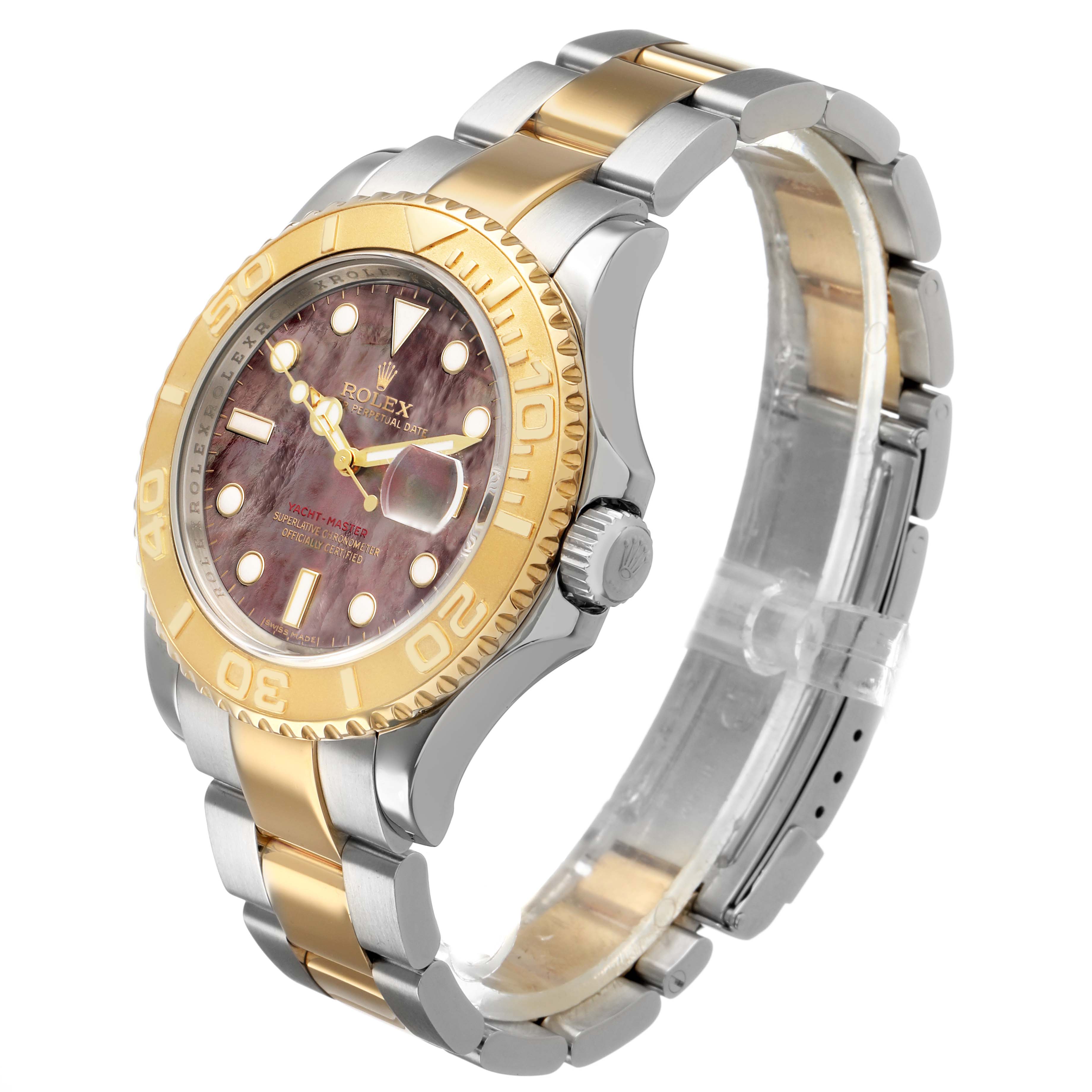 The Rolex Yacht-Master 16623 Men's Stainless Steel Mother of Pearl Dial watch is shown at a three-quarter angle, displaying the bezel, dial, bracelet, and crown.