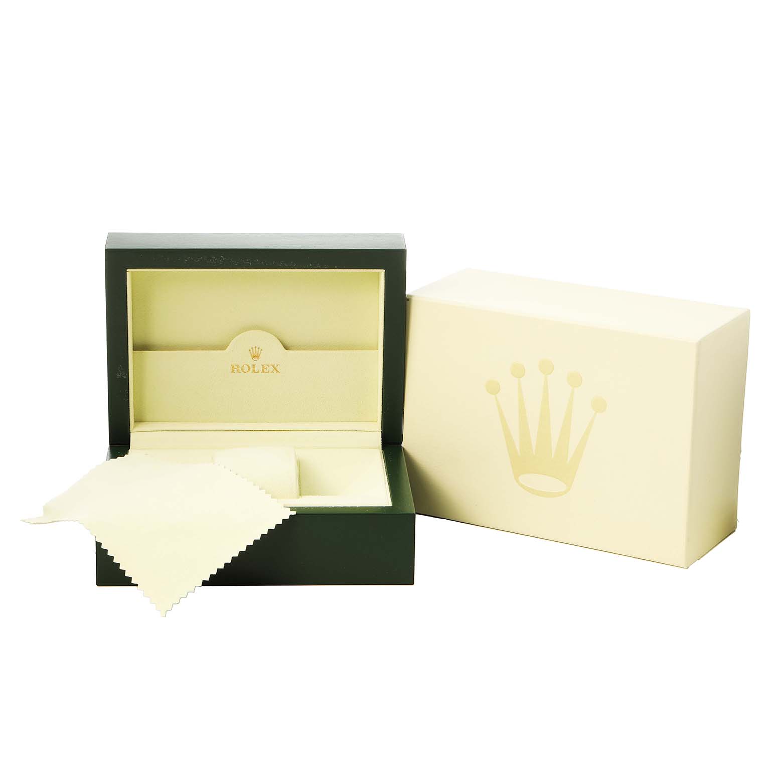 The image shows a Rolex Yacht-Master 16623 Men's Stainless Steel Mother of Pearl Dial watch box and cleaning cloth, displayed at an angle with an open lid.