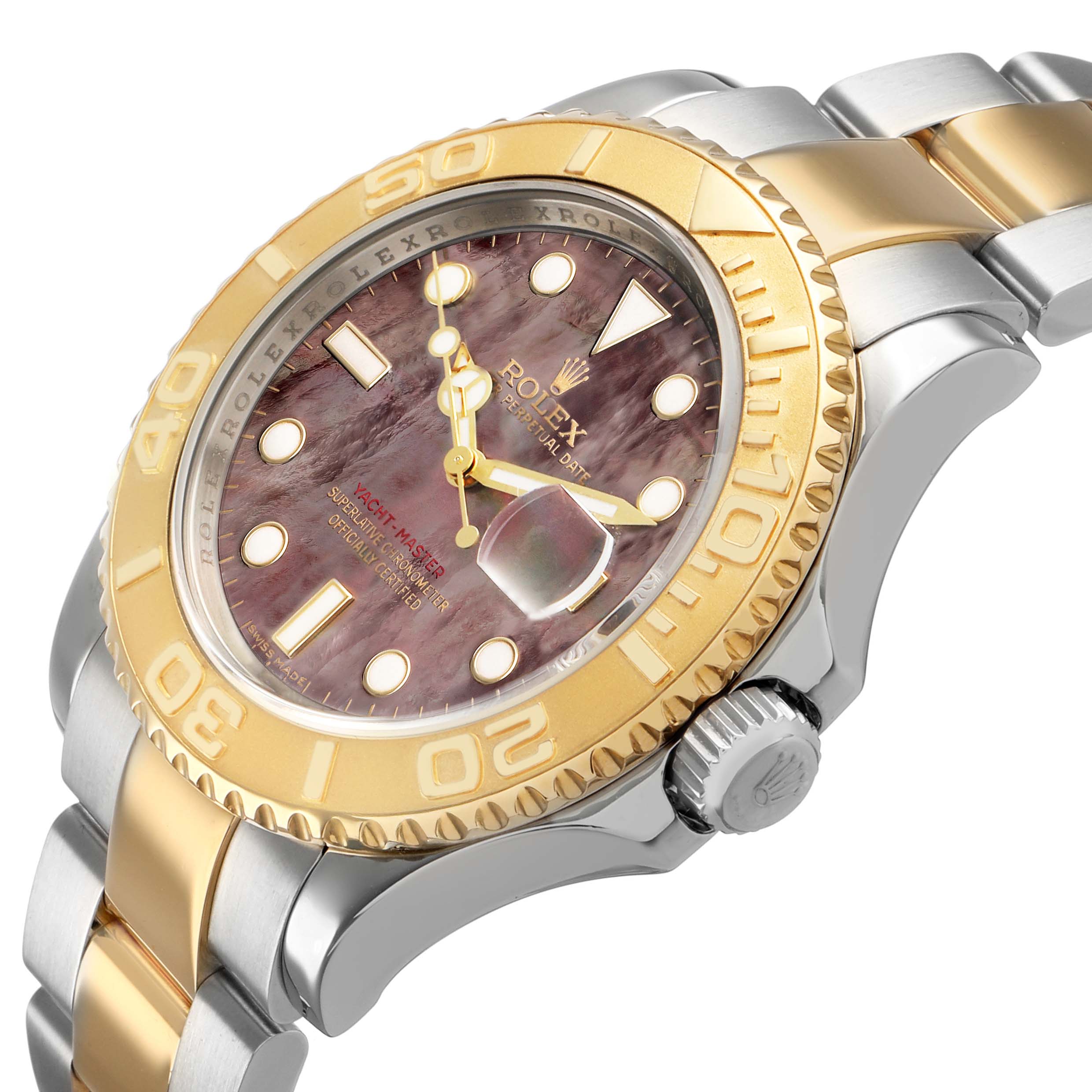 The image shows a Rolex Yacht-Master 16623 Men's Stainless Steel Mother of Pearl Dial watch at an angled view, highlighting its bezel, dial, crown, and two-tone bracelet.