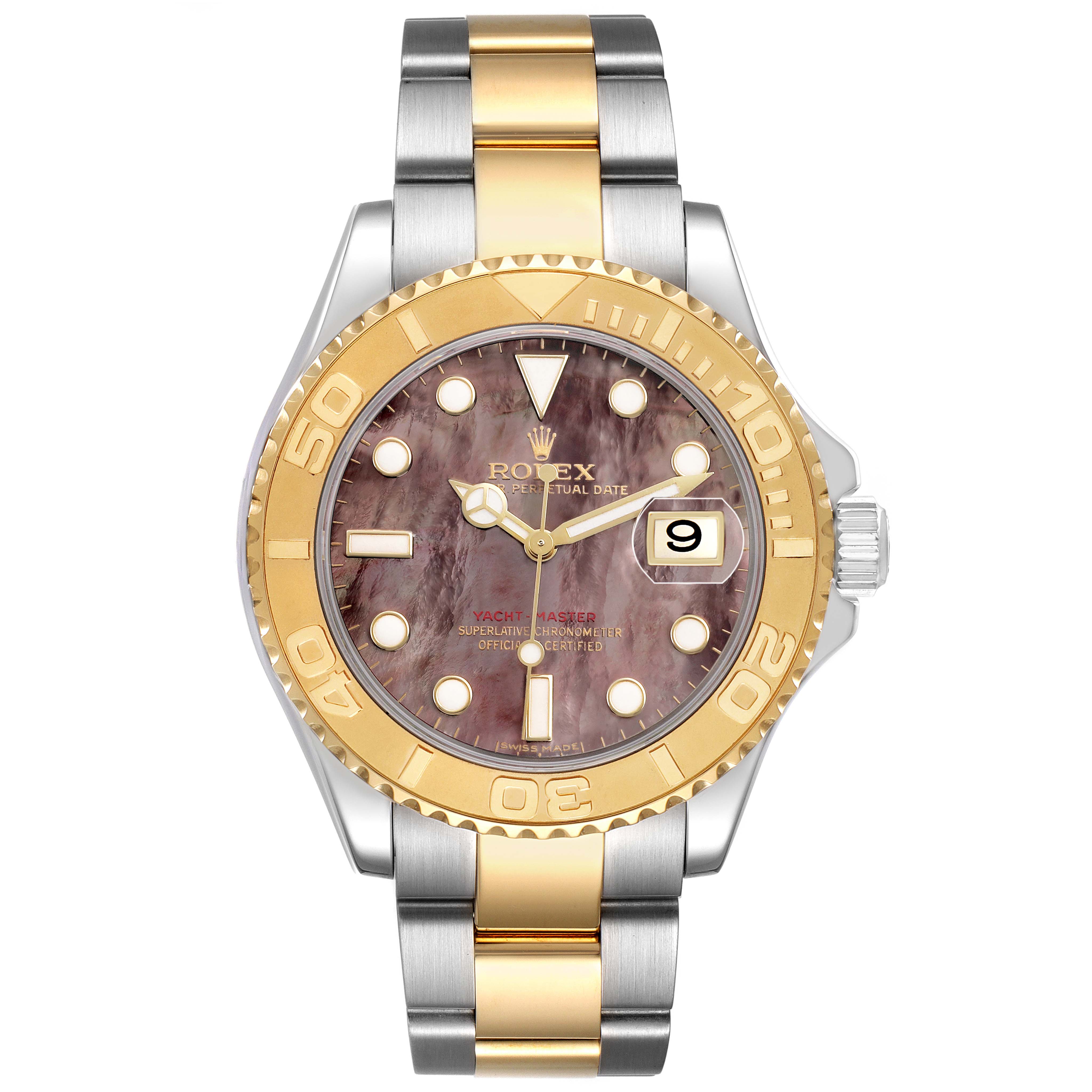 The Rolex Yacht-Master 16623 Men's Stainless Steel Mother of Pearl Dial watch is shown from a top view, featuring the dial, bezel, crown, and bracelet.