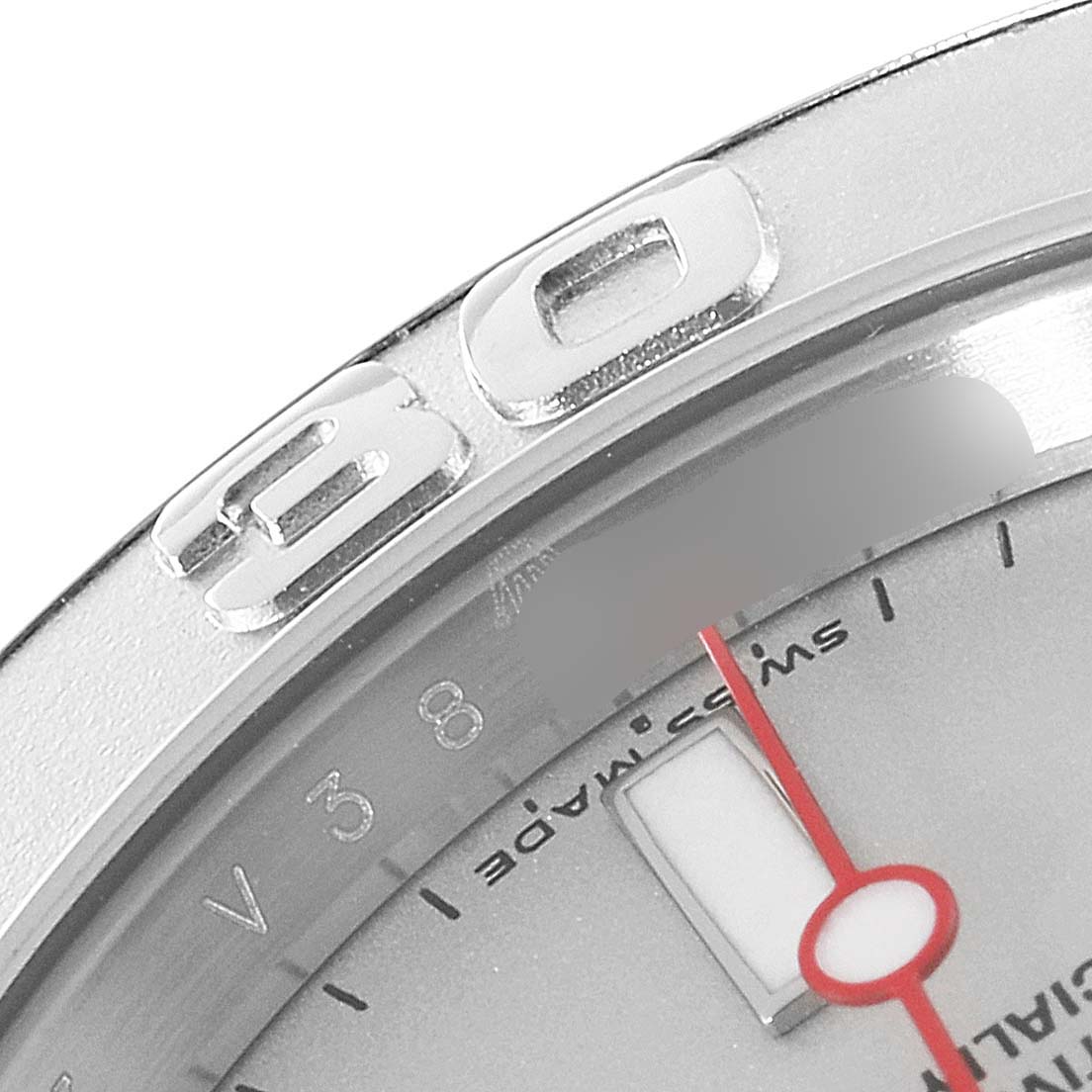 This image shows a close-up of the bezel and part of the dial of a Rolex Yacht-Master 16622 Men
s Stainless Steel Silver Dial 16622 Men
s Stainless Steel Silver Dial watch.