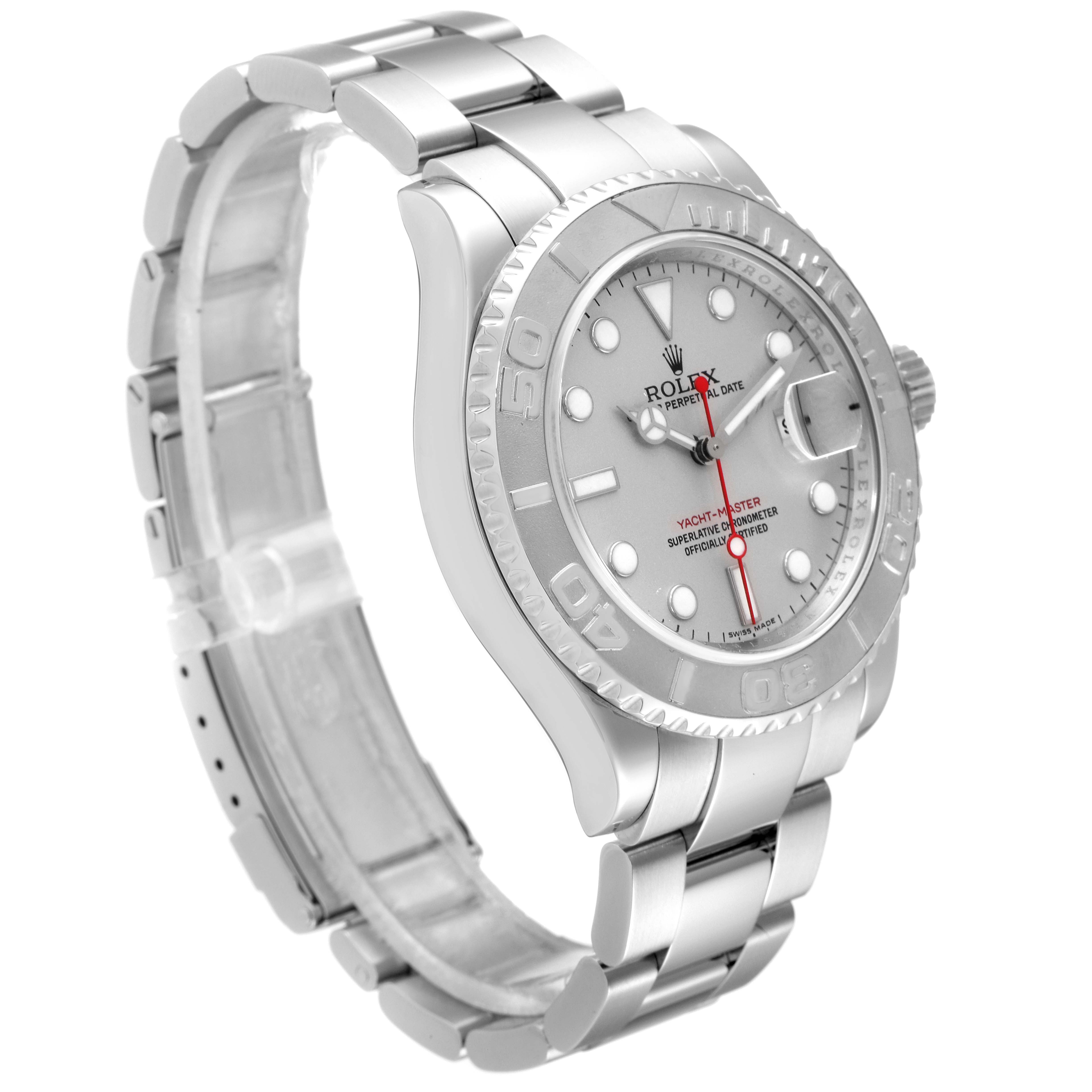 The image shows a side angle of a Rolex Yacht-Master 16622 Men
s Stainless Steel Silver Dial 16622 Men
s Stainless Steel Silver Dial watch, highlighting its dial, bezel, crown, and bracelet.