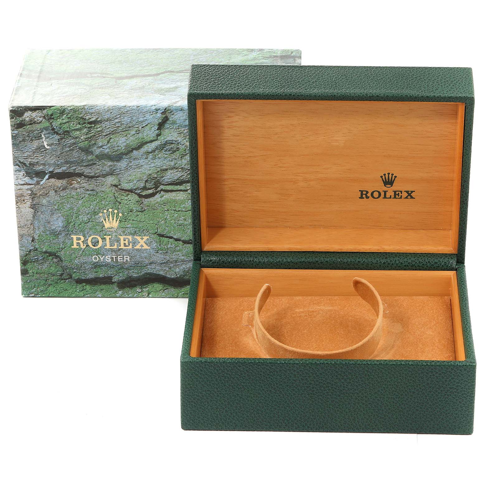 The image shows an open Rolex Yacht-Master 16622 Men
s Stainless Steel Silver Dial 16622 Men
s Stainless Steel Silver Dial watch box with an outer box and inner cushioning displaying the brand
s logo.