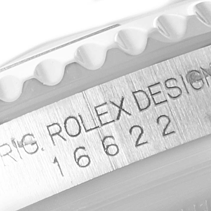 The image shows the side view of a Rolex Yacht-Master 16622 Men
s Stainless Steel Silver Dial 16622 Men
s Stainless Steel Silver Dial model watch, highlighting the engraved model number 16622.