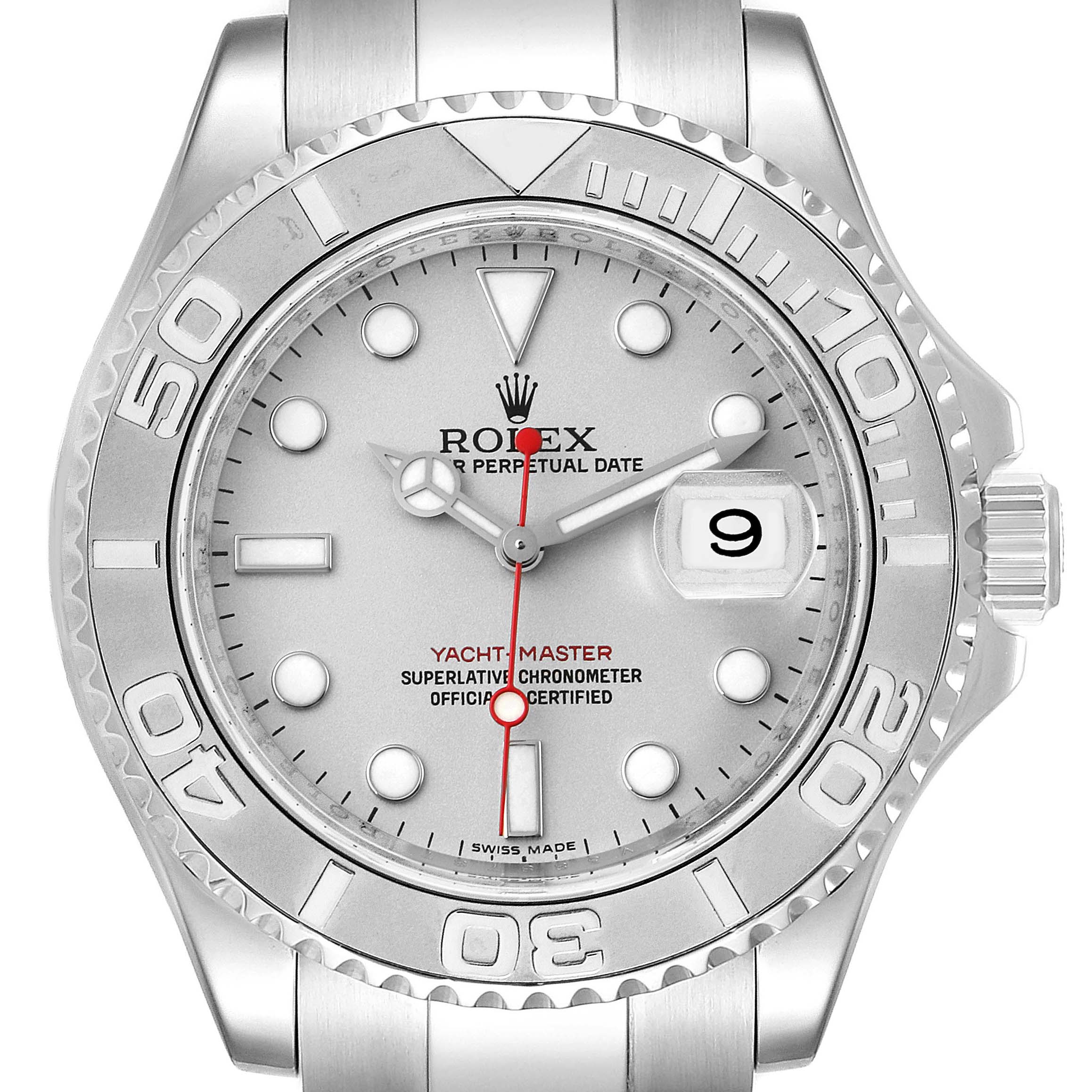 This image shows a front angle of the Rolex Yacht-Master 16622 Men
s Stainless Steel Silver Dial 16622 Men
s Stainless Steel Silver Dial watch, highlighting the dial, hands, bezel, and part of the bracelet.