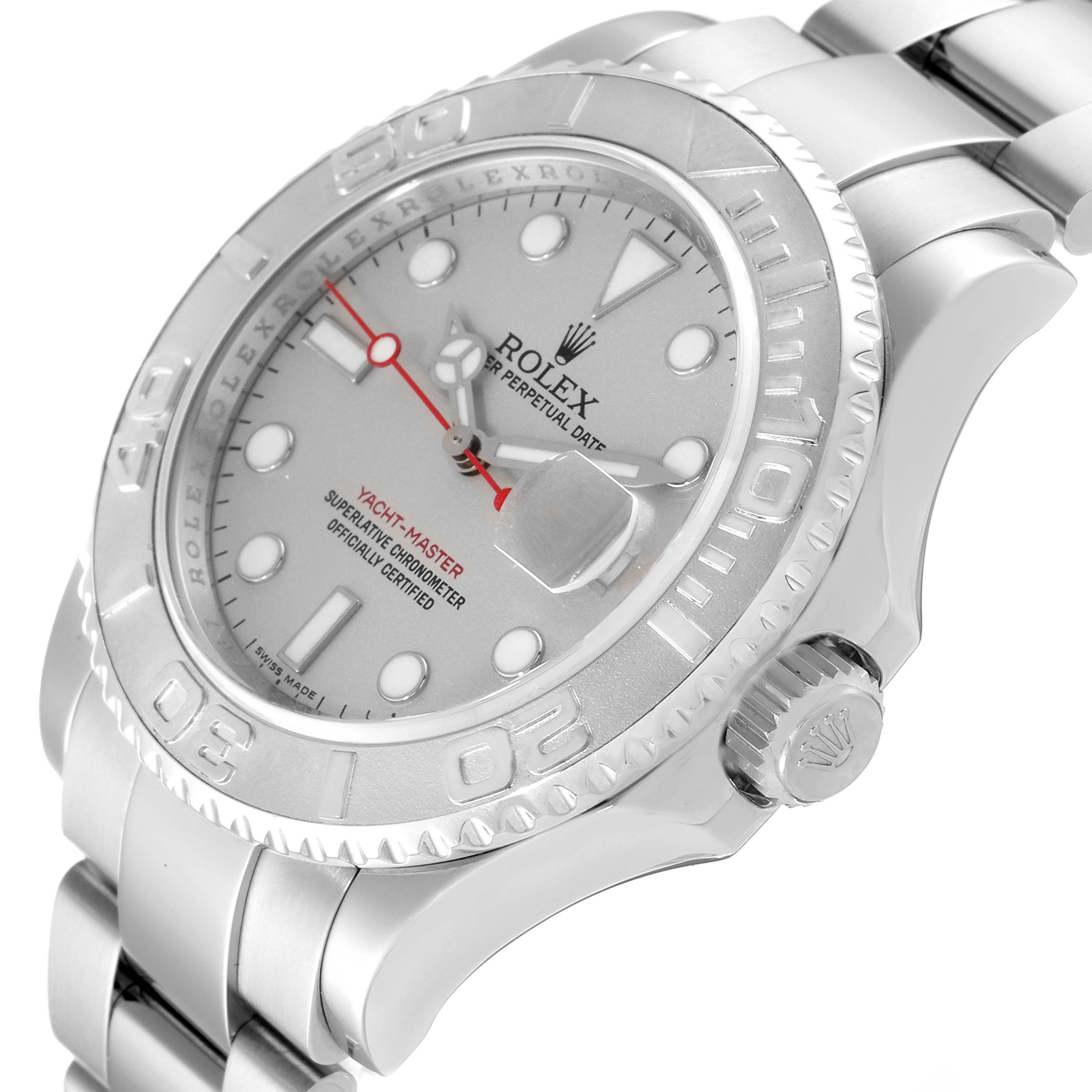 The image shows a Rolex Yacht-Master 16622 Men
s Stainless Steel Silver Dial 16622 Men
s Stainless Steel Silver Dial watch angled to highlight the dial, bezel, and crown.