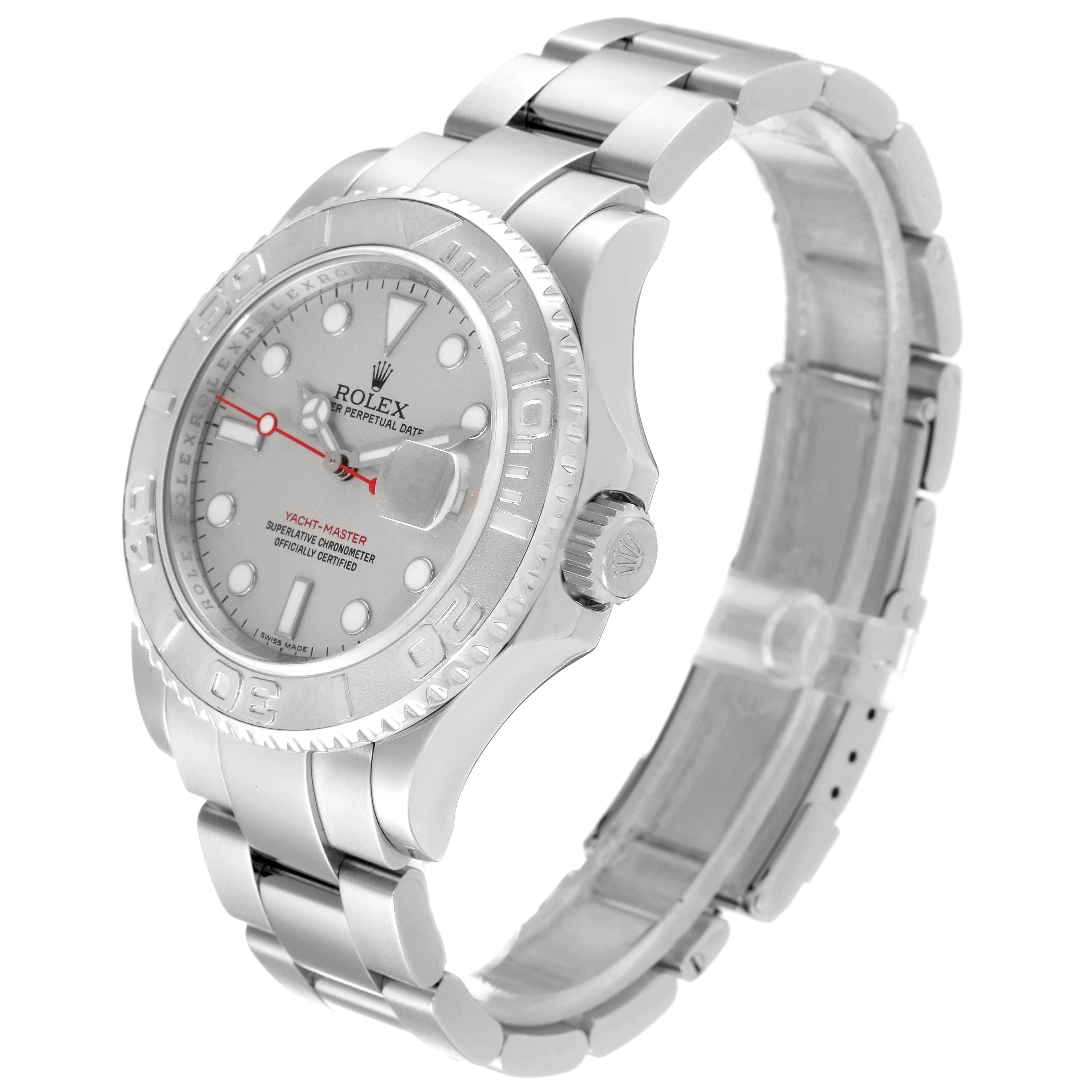 The Rolex Yacht-Master 16622 Men
s Stainless Steel Silver Dial 16622 Men
s Stainless Steel Silver Dial watch is shown at a 3/4 angle, highlighting the dial, bezel, crown, and bracelet.