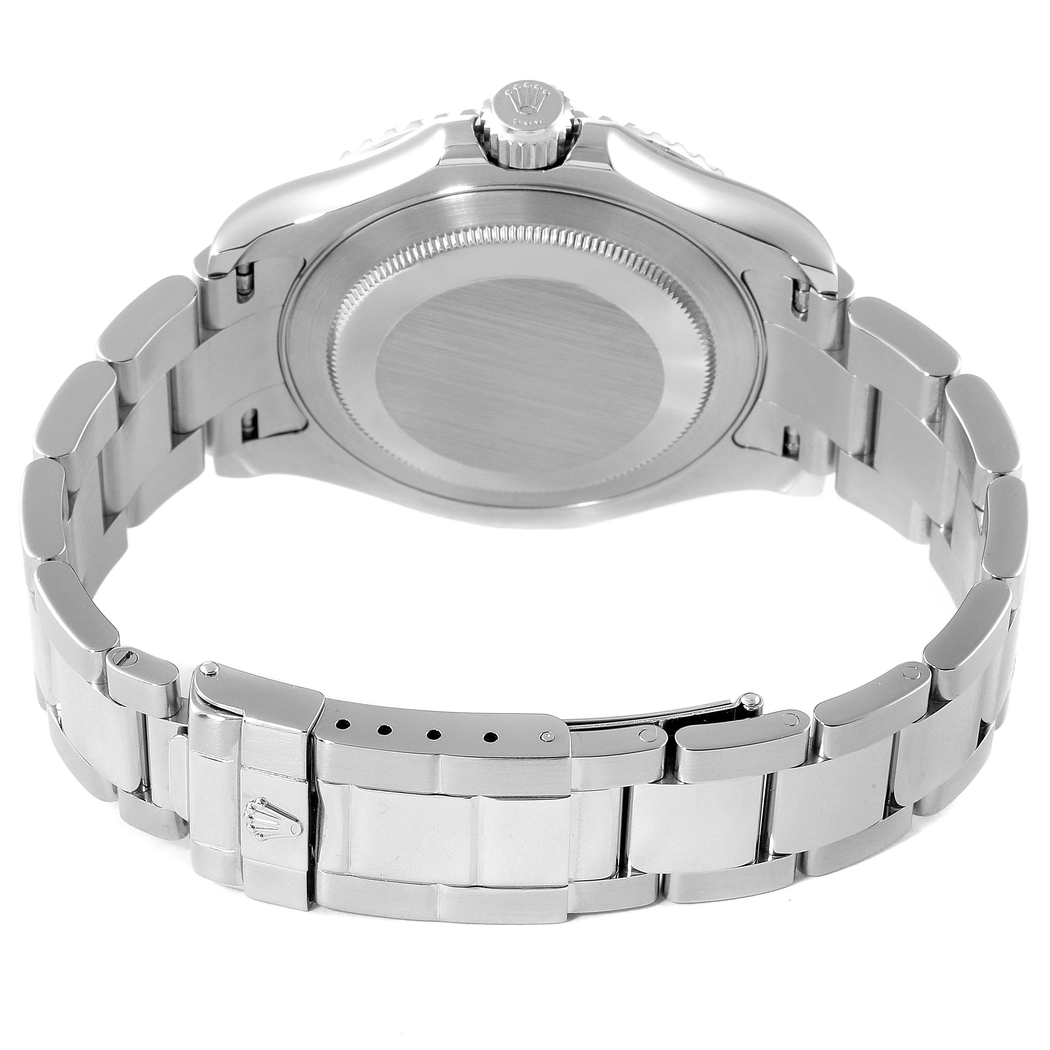 The image shows the back view of a Rolex Yacht-Master 16622 Men
s Stainless Steel Silver Dial 16622 Men
s Stainless Steel Silver Dial watch, highlighting the case back, bracelet, and clasp.