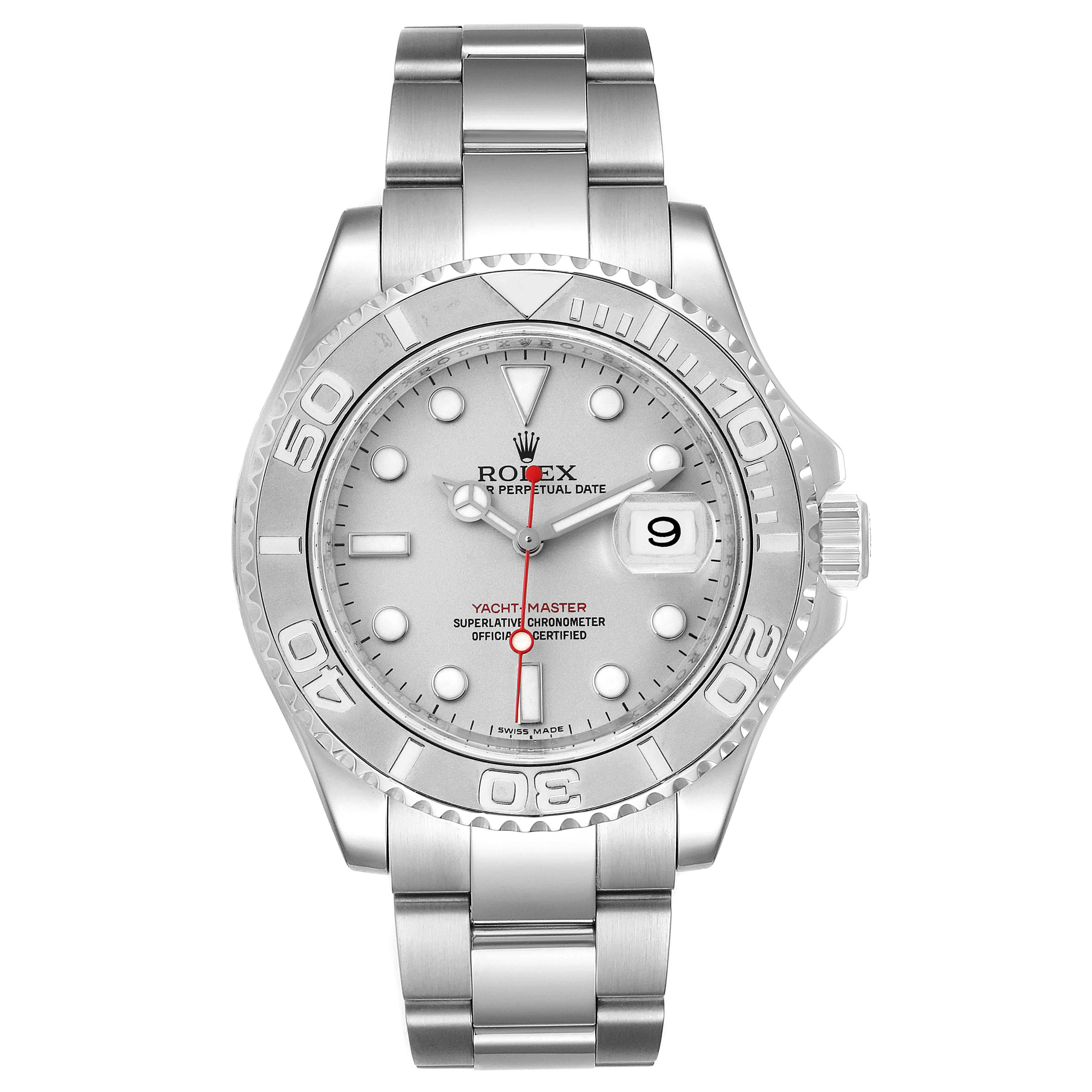 The image shows a front view of the Rolex Yacht-Master 16622 Men
s Stainless Steel Silver Dial 16622 Men
s Stainless Steel Silver Dial watch, highlighting the dial, bezel, date display, and bracelet.