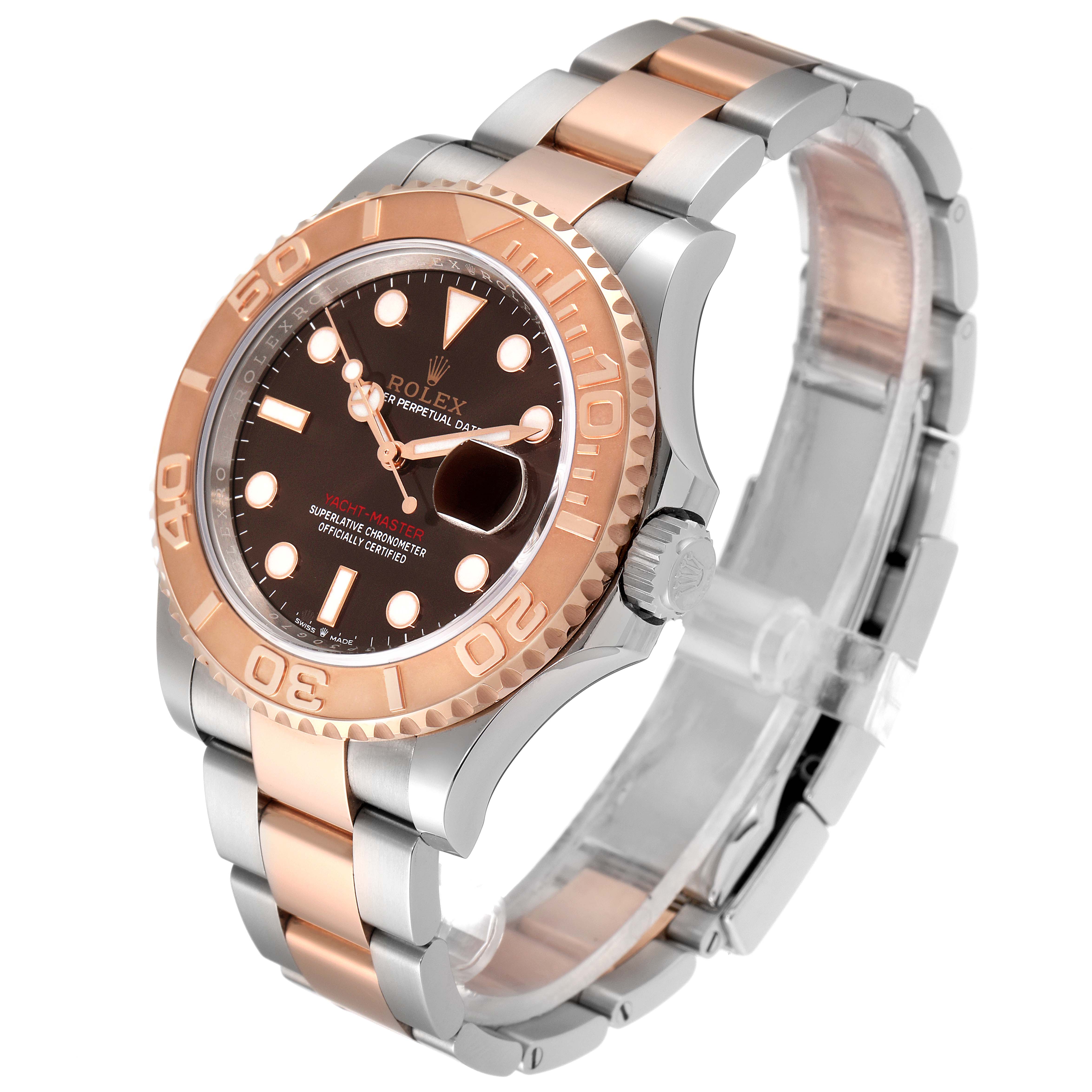 The image shows a side angle view of the Rolex Yacht-Master 126621 Men's Steel and Gold (two tone) Brown Dial 126621 Men's Steel and Gold (two tone) Brown Dial, highlighting its two-tone band and bezel.