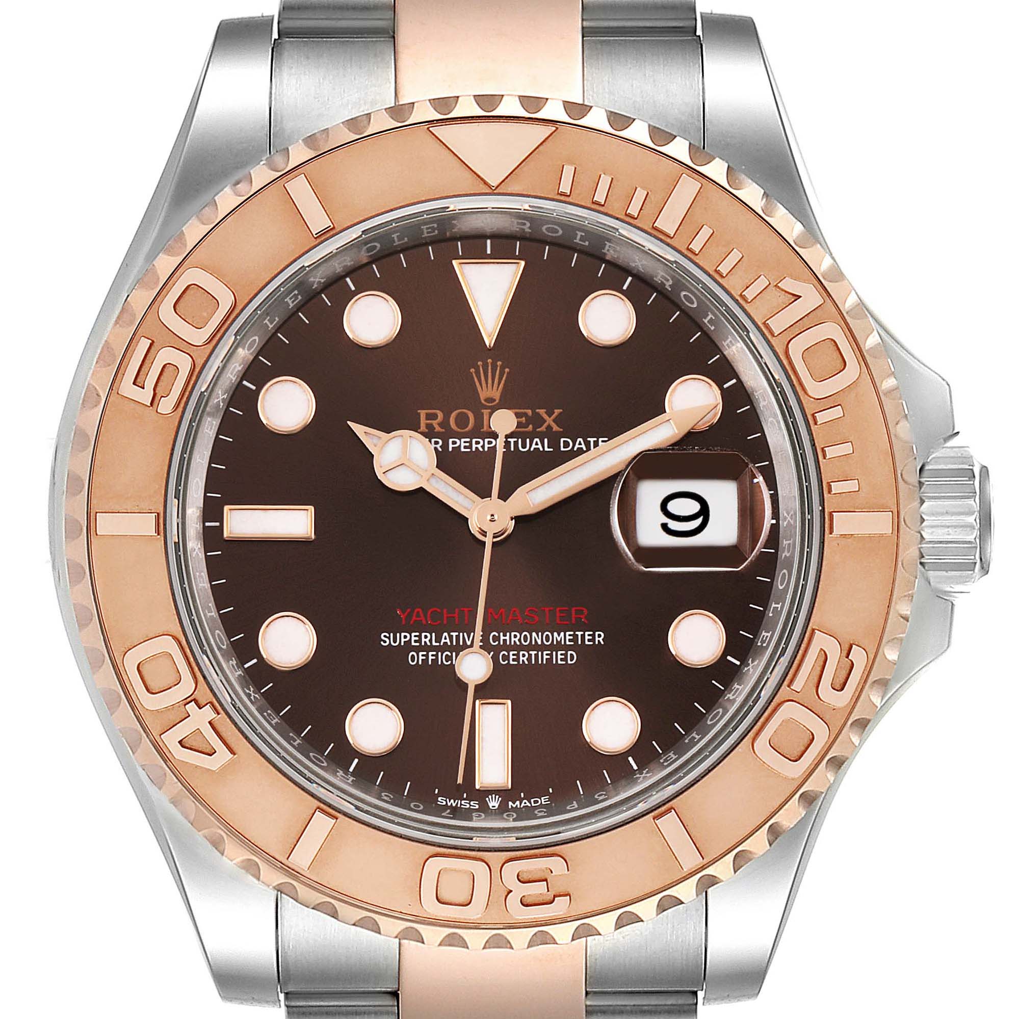 This image shows a front view of the Rolex Yacht-Master 126621 Men's Steel and Gold (two tone) Brown Dial 126621 Men's Steel and Gold (two tone) Brown Dial watch, highlighting the dial, bezel, and part of the bracelet.