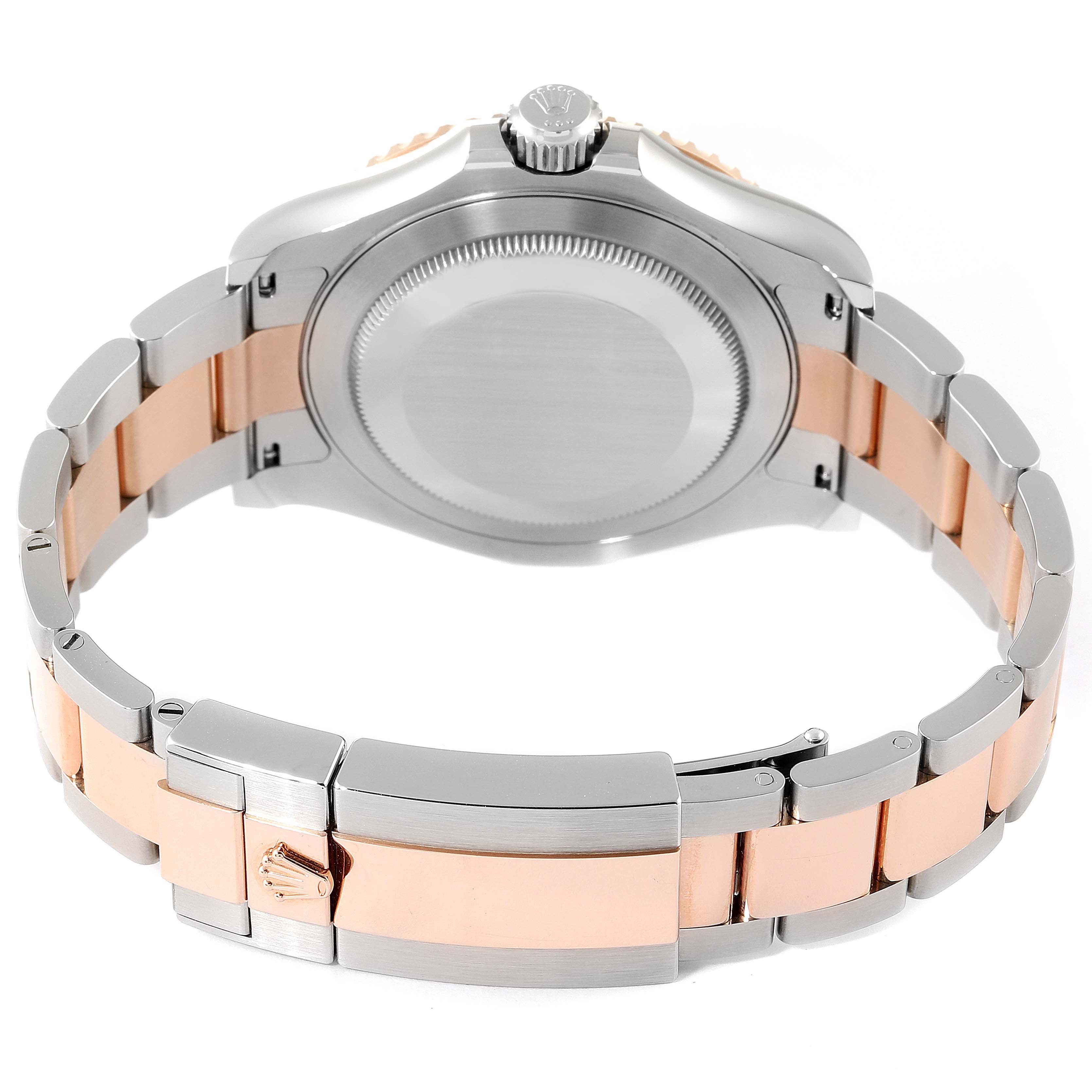 This image shows the backside of the Rolex Yacht-Master 126621 Men's Steel and Gold (two tone) Brown Dial 126621 Men's Steel and Gold (two tone) Brown Dial watch, focusing on the clasp and bracelet.