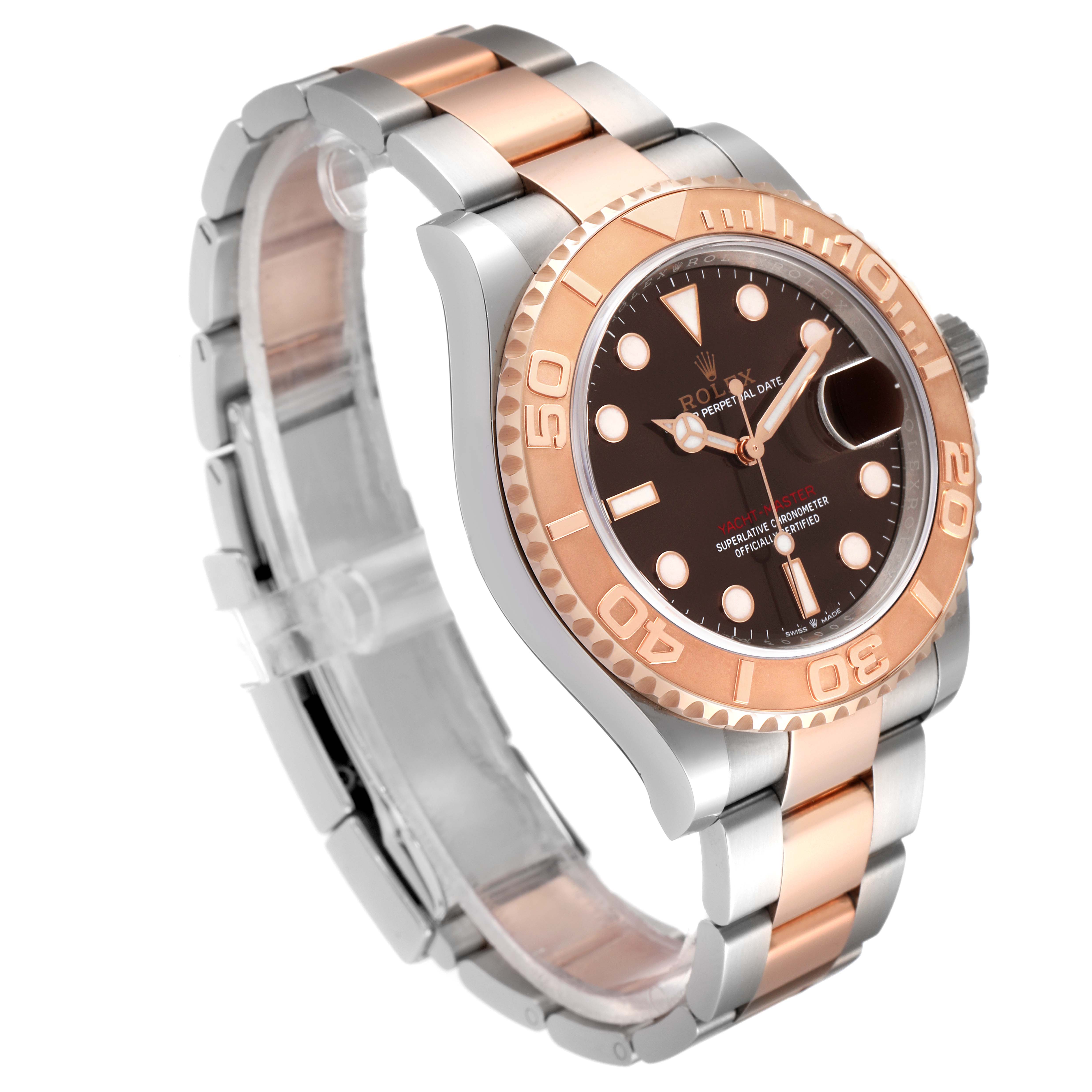 This image of the Rolex Yacht-Master 126621 Men's Steel and Gold (two tone) Brown Dial 126621 Men's Steel and Gold (two tone) Brown Dial watch shows a front-side angle featuring the bezel, dial, and bracelet.