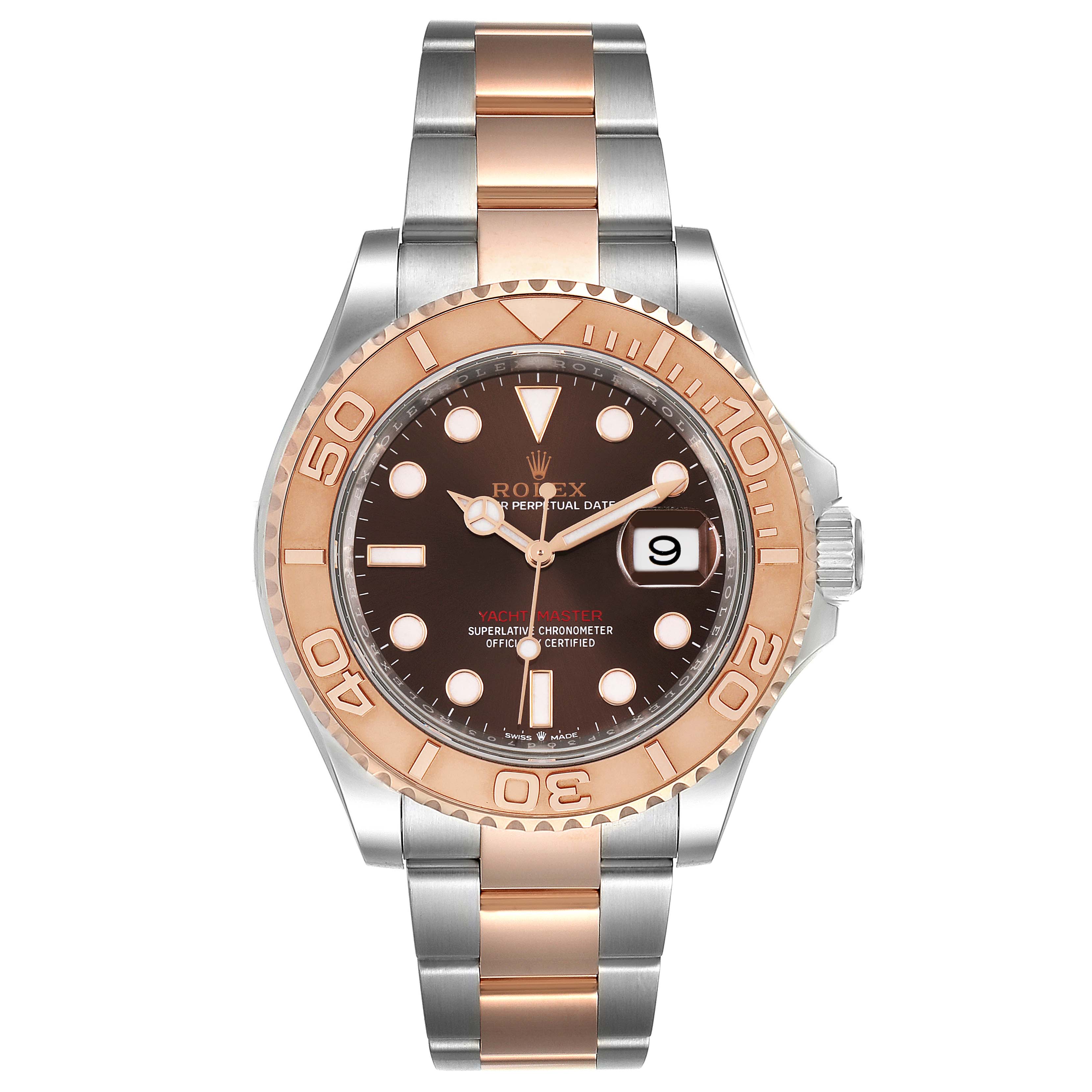 The Rolex Yacht-Master 126621 Men's Steel and Gold (two tone) Brown Dial 126621 Men's Steel and Gold (two tone) Brown Dial watch is shown from the front, displaying its face, bezel, and bracelet.