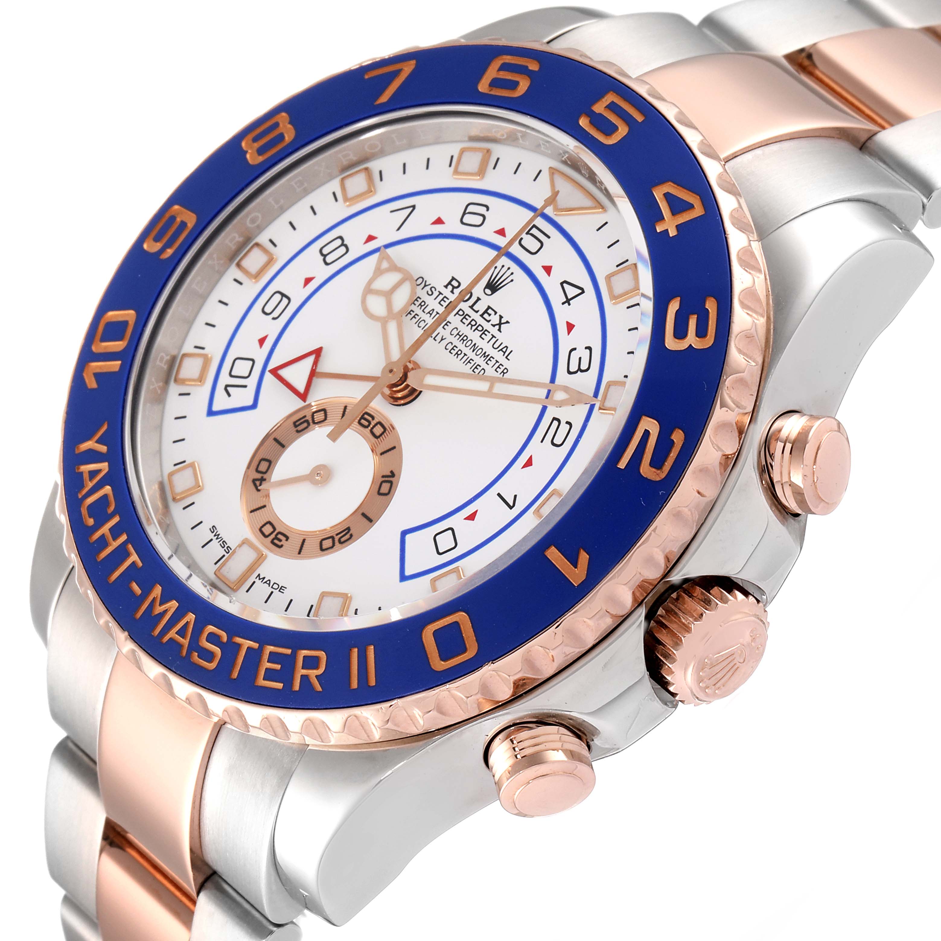 The image shows a close-up angled view of the Rolex Yacht-Master 116681 Men's Steel and Gold (two tone) White Dial 116681 Men's Steel and Gold (two tone) White Dial II watch, highlighting the dial, bezel, crown, and part of the band.