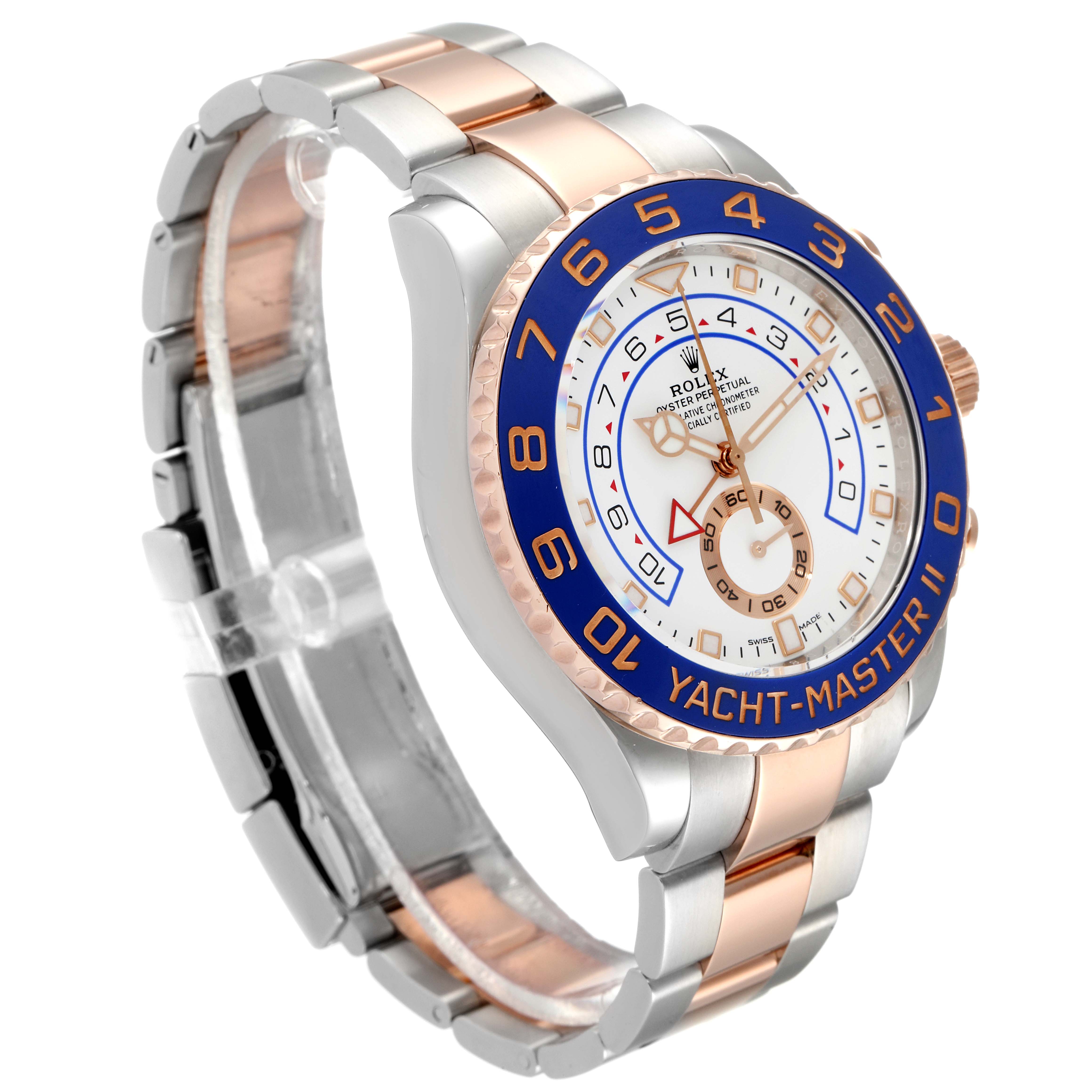 This image shows a side angle of a Rolex Yacht-Master 116681 Men's Steel and Gold (two tone) White Dial 116681 Men's Steel and Gold (two tone) White Dial watch, highlighting the dial, bezel, and bracelet.