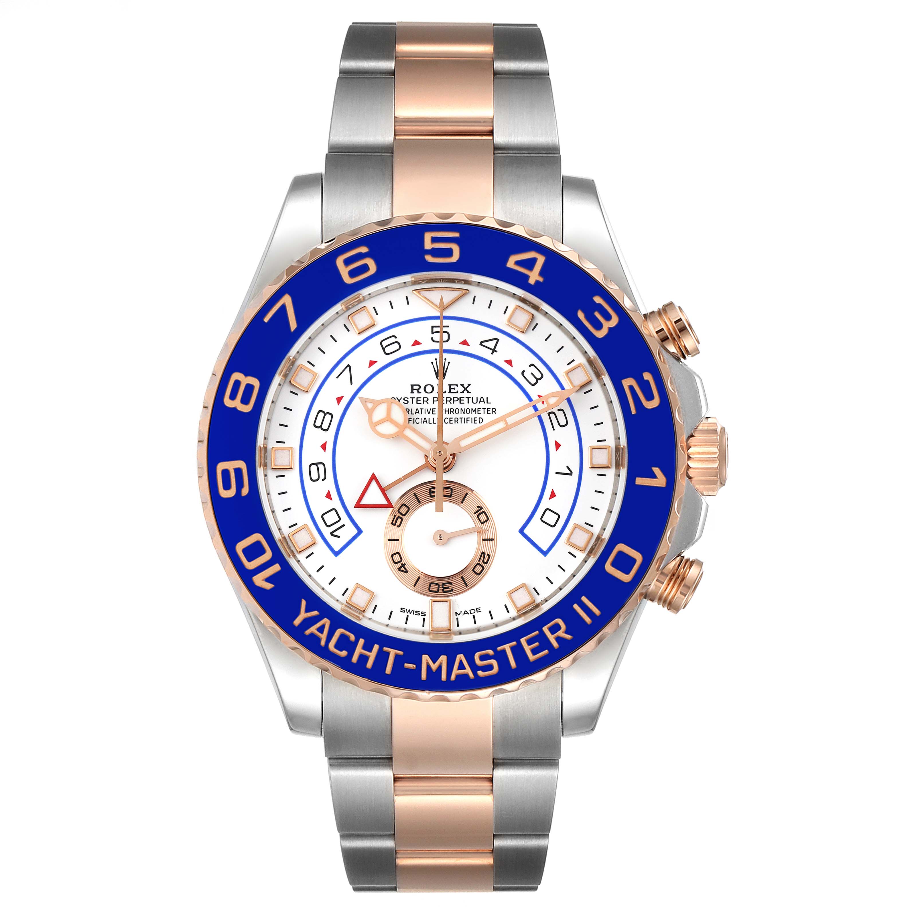 The image shows a front view of the Rolex Yacht-Master 116681 Men's Steel and Gold (two tone) White Dial 116681 Men's Steel and Gold (two tone) White Dial II watch, highlighting its dial, bezel, and bracelet.