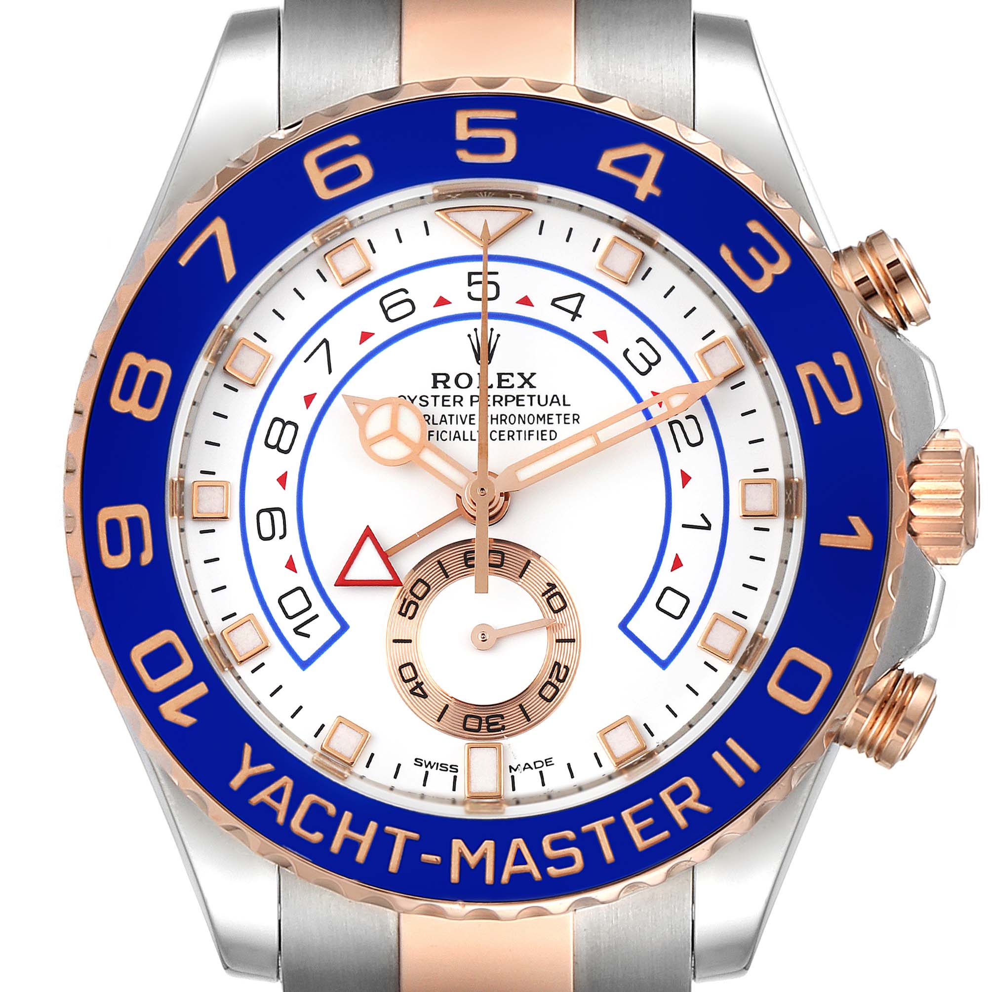 The image shows a front-angle view of the Rolex Yacht-Master 116681 Men's Steel and Gold (two tone) White Dial 116681 Men's Steel and Gold (two tone) White Dial II watch, highlighting the bezel, dial, and crown.