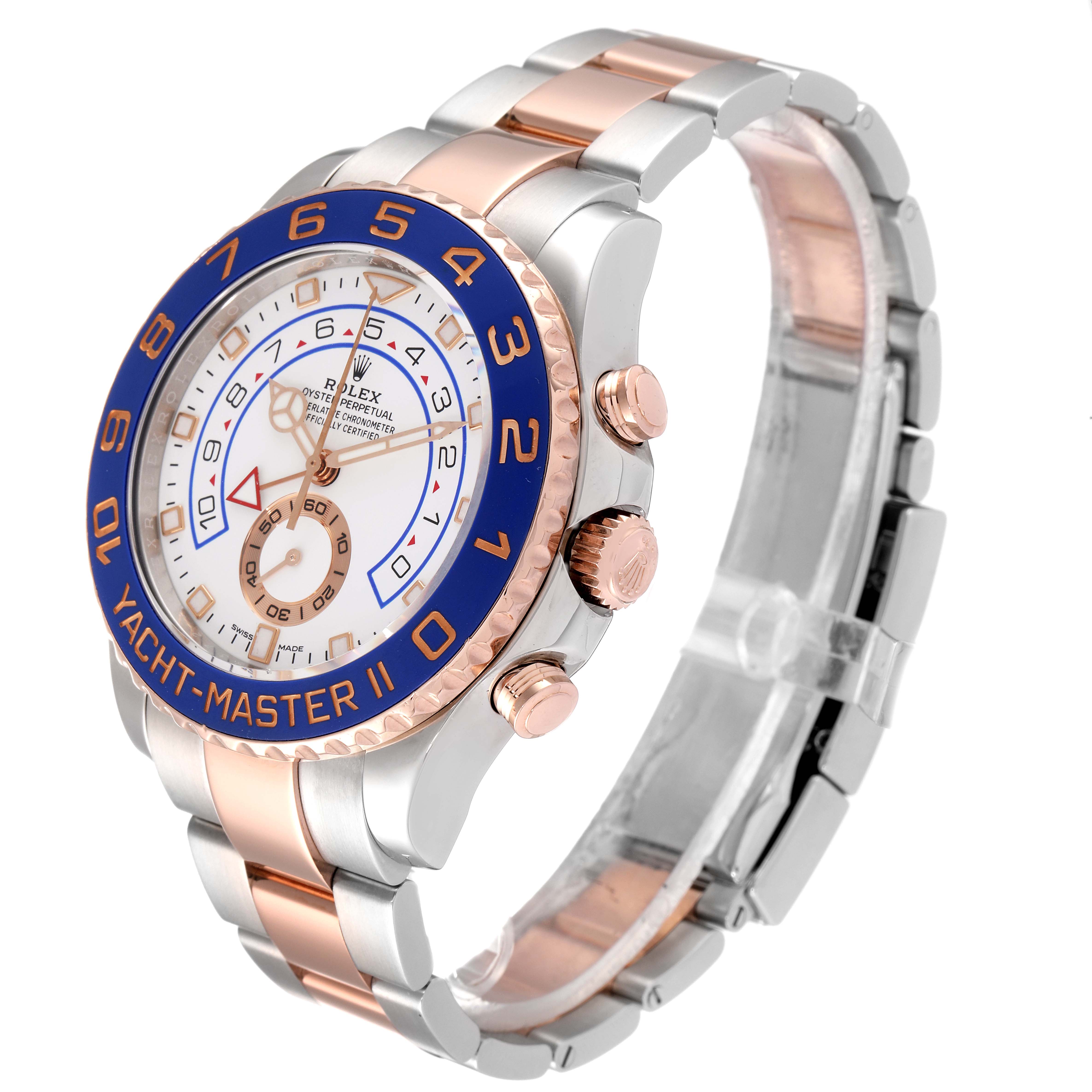 The image shows a Rolex Yacht-Master 116681 Men's Steel and Gold (two tone) White Dial 116681 Men's Steel and Gold (two tone) White Dial watch at a 3 o'clock angled view, highlighting its bezel, face, and bracelet.
