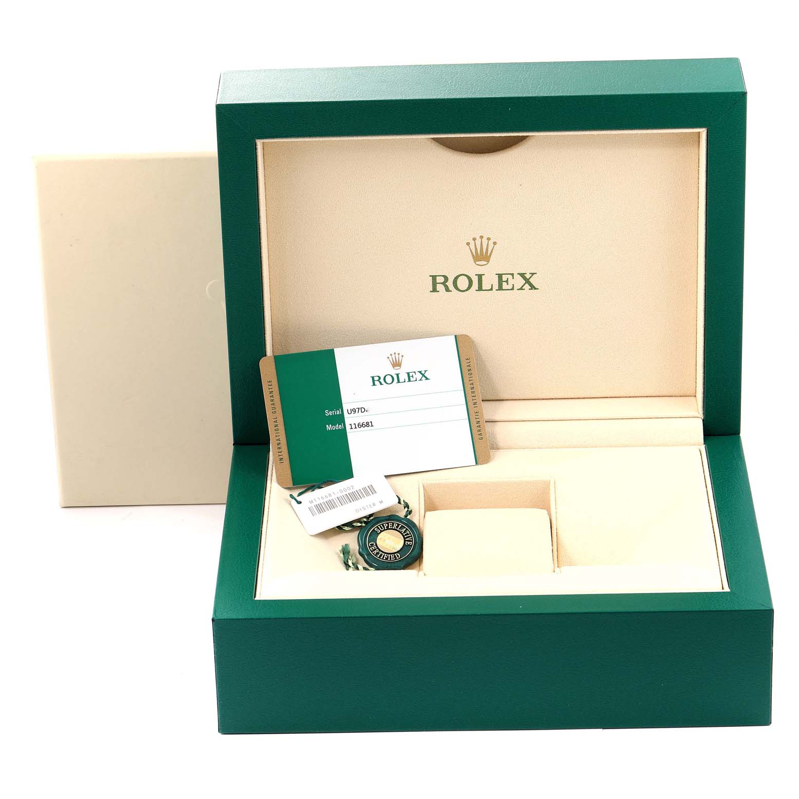 The image shows an open box of the Rolex Yacht-Master 116681 Men's Steel and Gold (two tone) White Dial 116681 Men's Steel and Gold (two tone) White Dial watch, including a warranty card and tag.