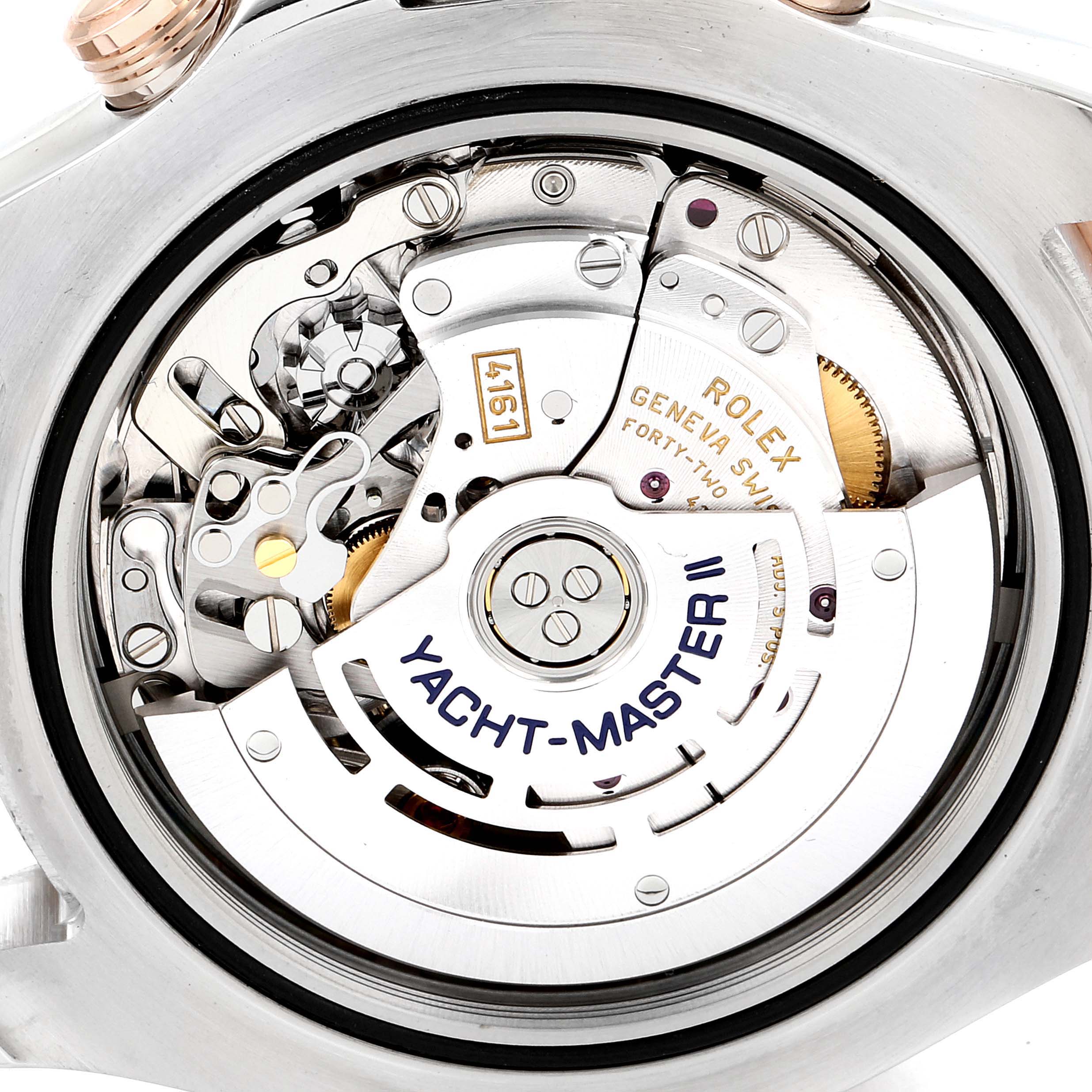 This image shows the inner mechanical movement and rotor of a Rolex Yacht-Master 116681 Men's Steel and Gold (two tone) White Dial 116681 Men's Steel and Gold (two tone) White Dial watch from the back.
