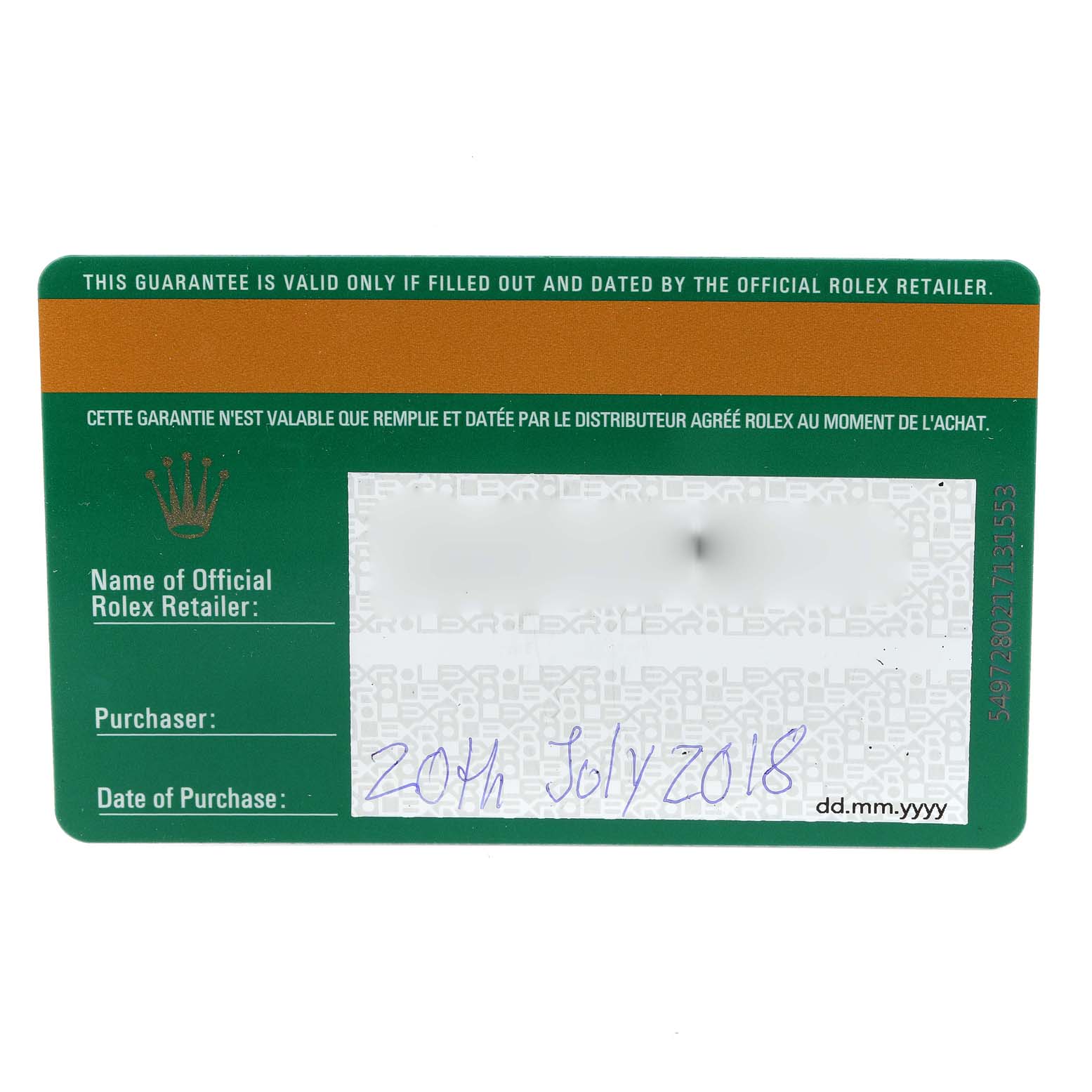 This image shows the guarantee card for a Rolex Yacht-Master 116681 Men's Steel and Gold (two tone) White Dial 116681 Men's Steel and Gold (two tone) White Dial watch, including fields for the retailer, purchaser, and date of purchase.