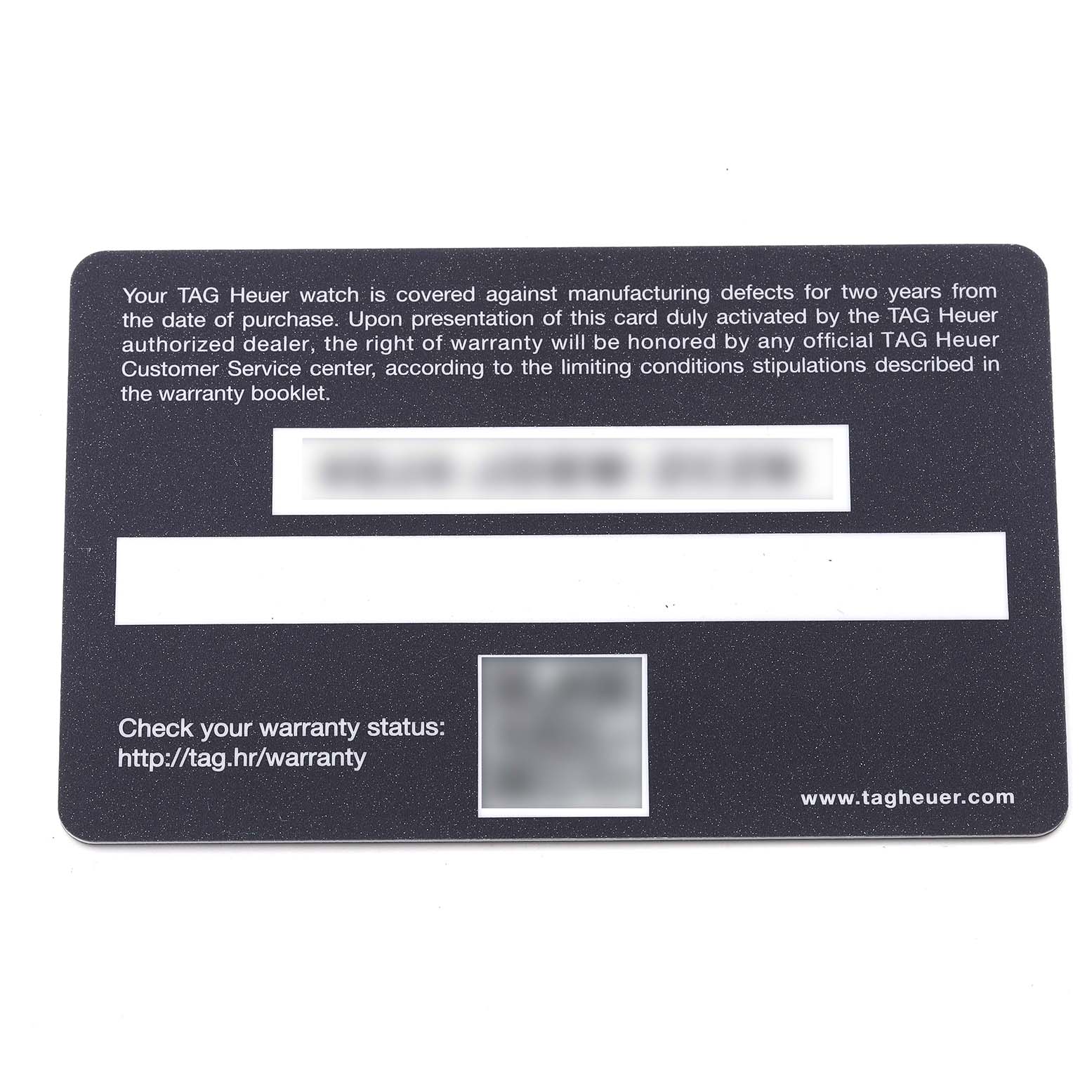 The image shows a TAG Heuer warranty card for the Aquaracer model, viewed from the top.