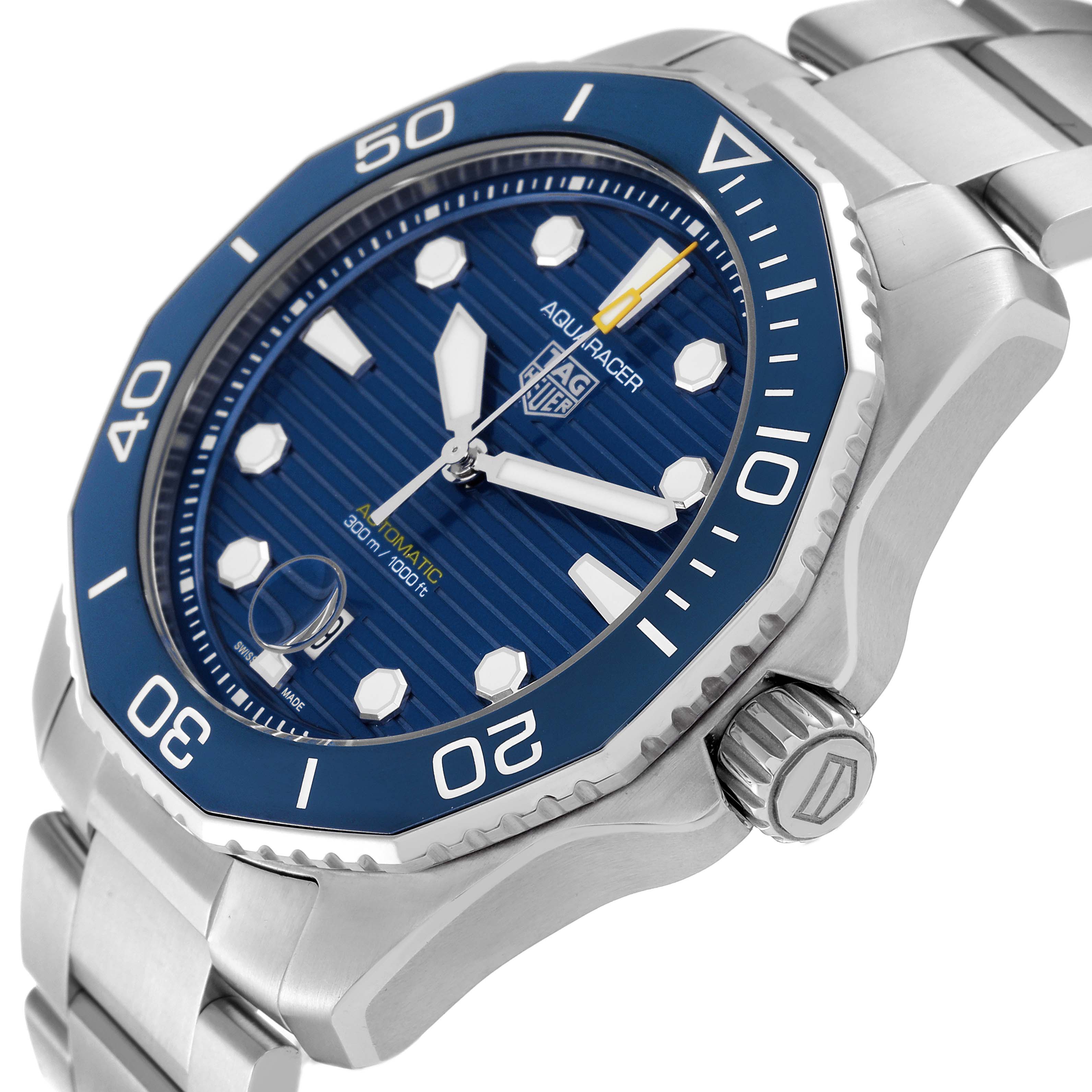 This image shows a side angle of the Tag Heuer Aquaracer WBP201B.BA0632 Men
s Stainless Steel Blue Dial WBP201B.BA0632 Men
s Stainless Steel Blue Dial watch, highlighting the bezel, dial, crown, and part of the bracelet.