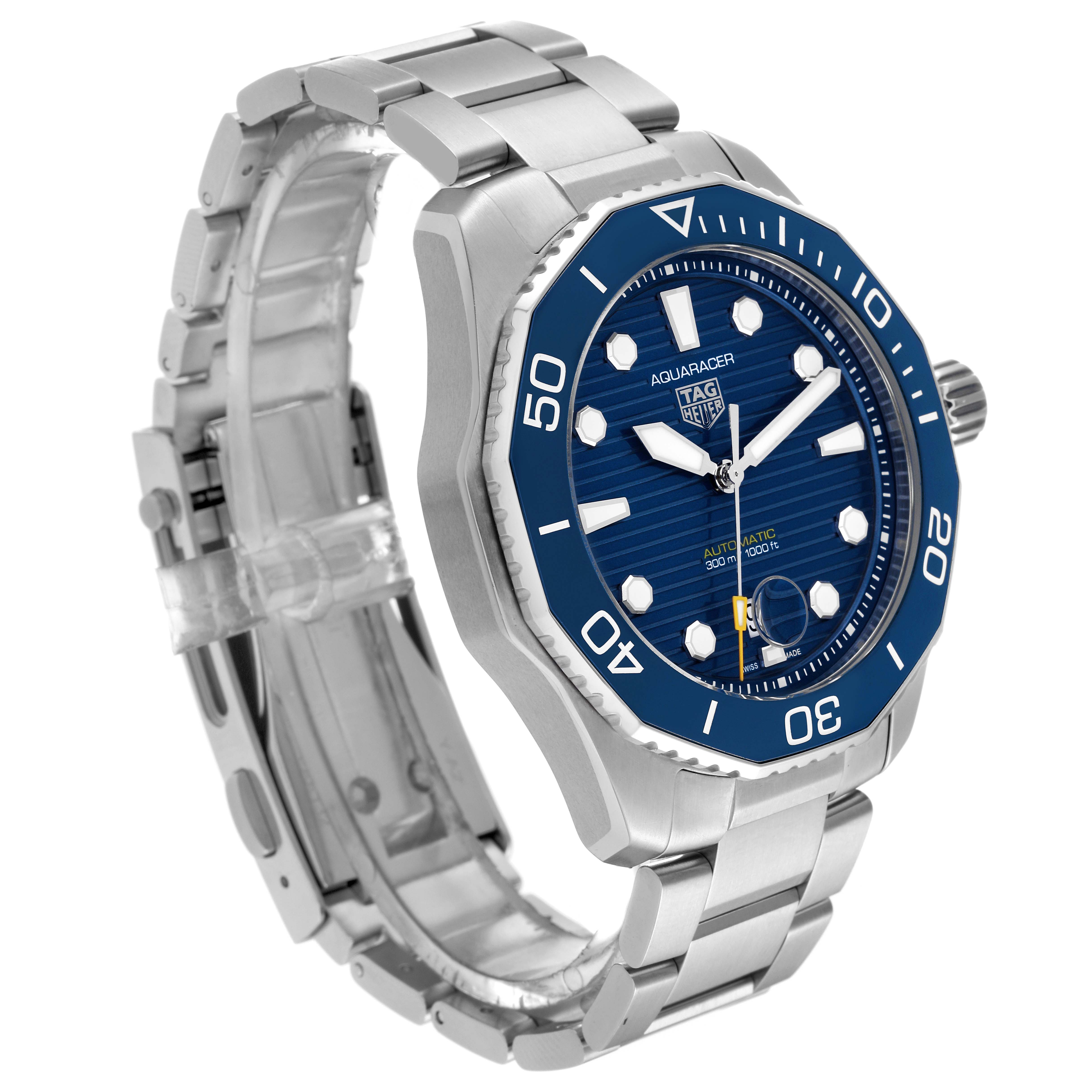 The image shows a Tag Heuer Aquaracer WBP201B.BA0632 Men
s Stainless Steel Blue Dial WBP201B.BA0632 Men
s Stainless Steel Blue Dial watch from a front-side angle, highlighting its blue dial, bezel, and stainless steel bracelet.