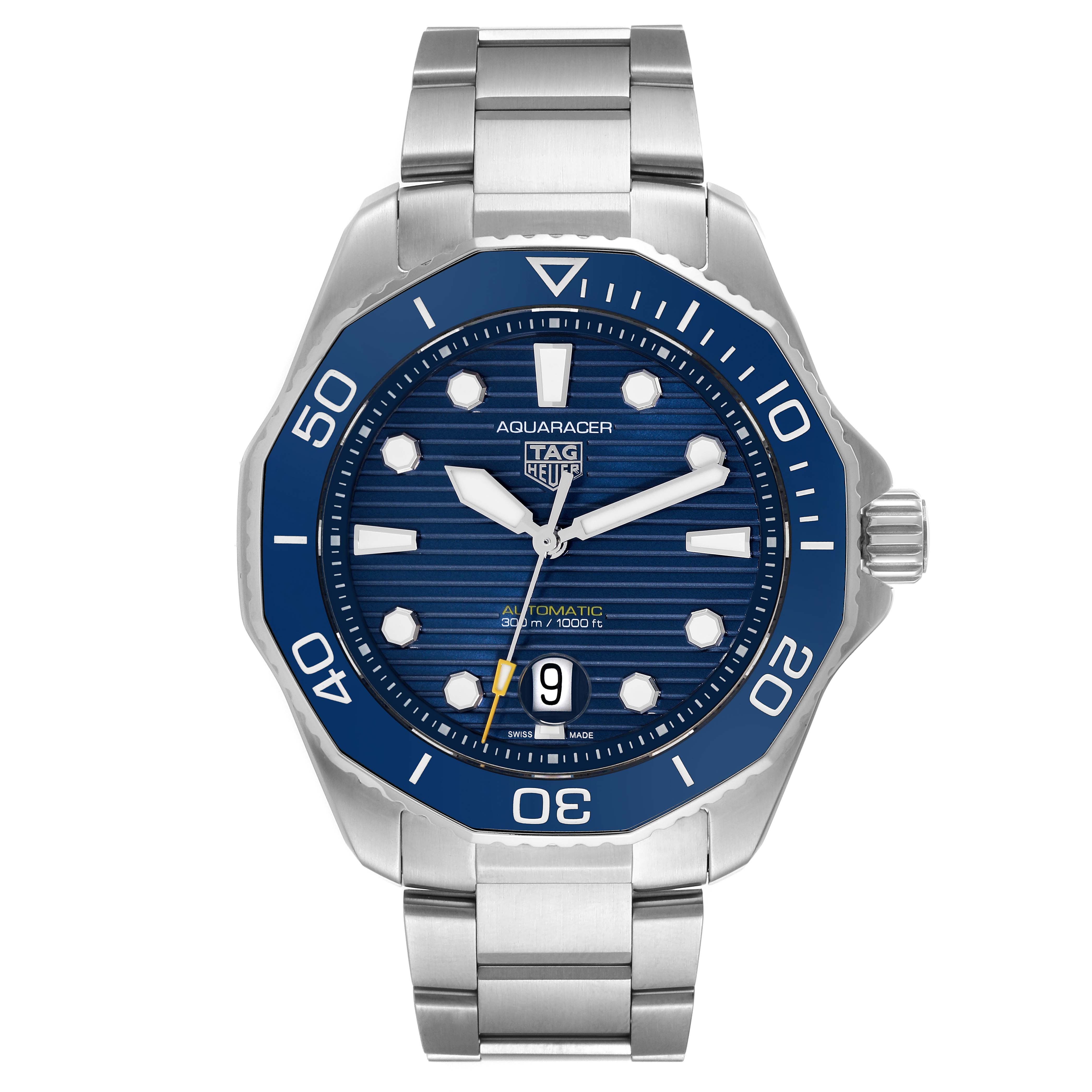 The Tag Heuer Aquaracer WBP201B.BA0632 Men
s Stainless Steel Blue Dial WBP201B.BA0632 Men
s Stainless Steel Blue Dial watch is shown from the front, displaying its blue dial, bezel, and stainless steel bracelet.