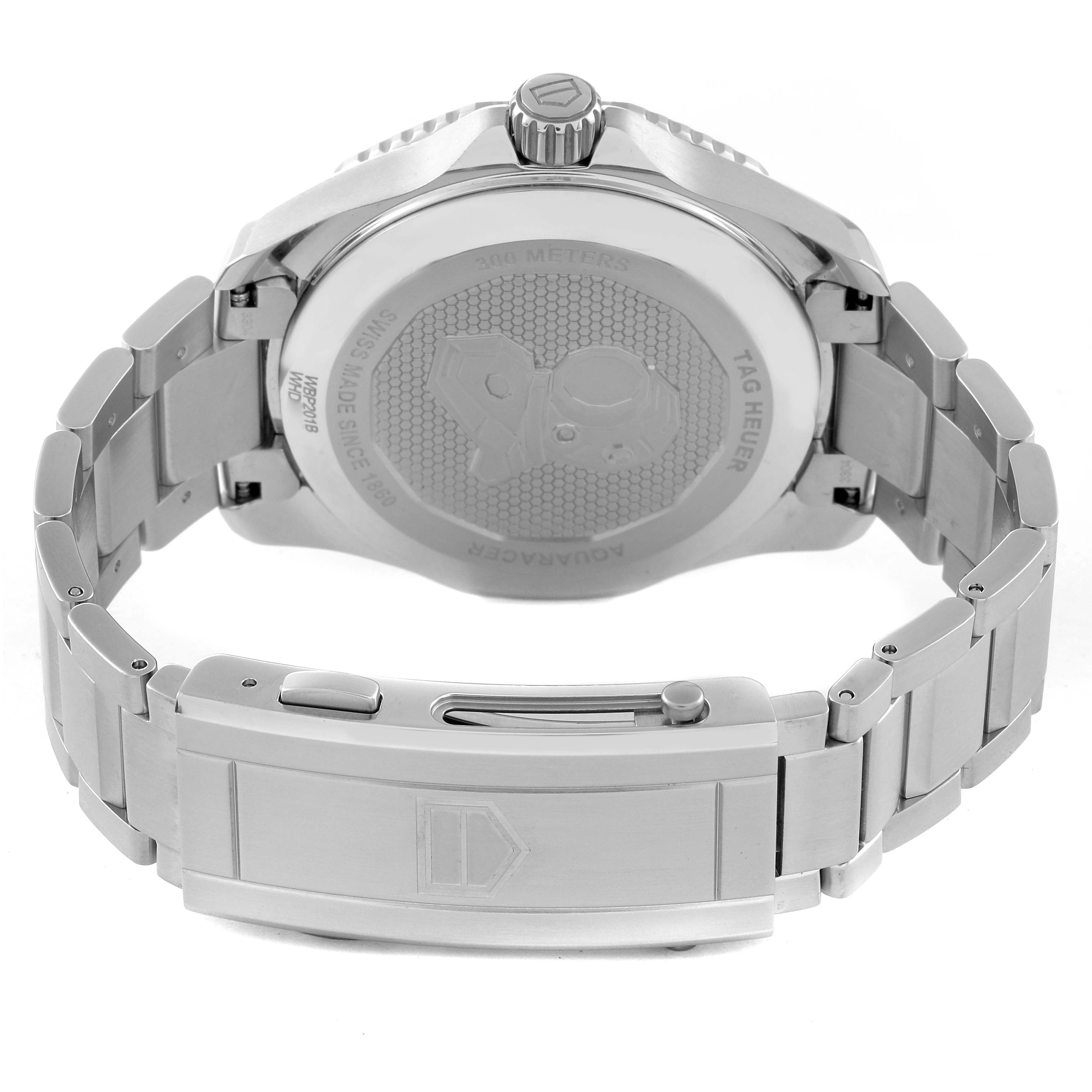 The image shows the back case and clasp of a Tag Heuer Aquaracer WBP201B.BA0632 Men
s Stainless Steel Blue Dial WBP201B.BA0632 Men
s Stainless Steel Blue Dial watch from a rear angle.