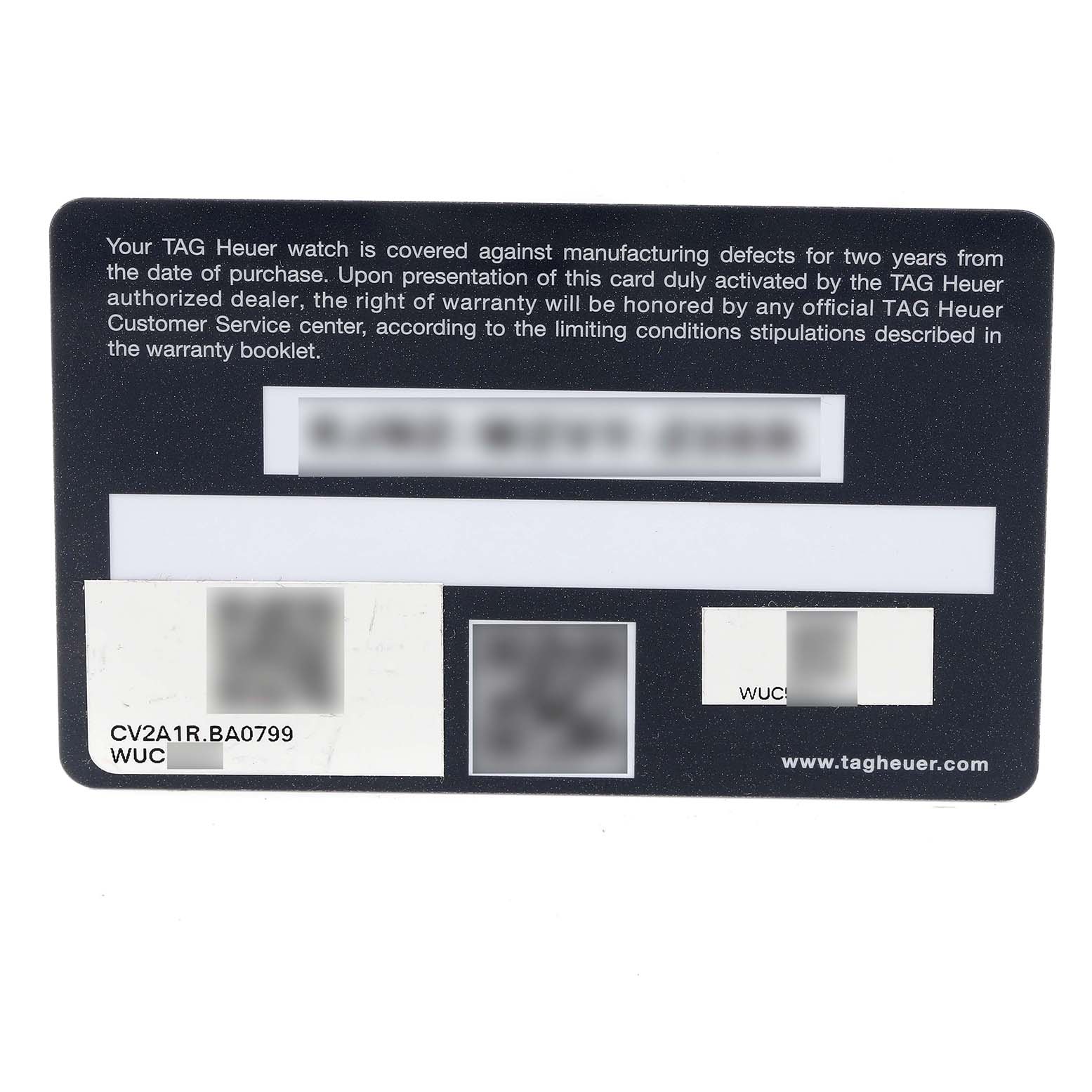 This image shows a close-up of a Tag Heuer warranty card for the Carrera model watch.