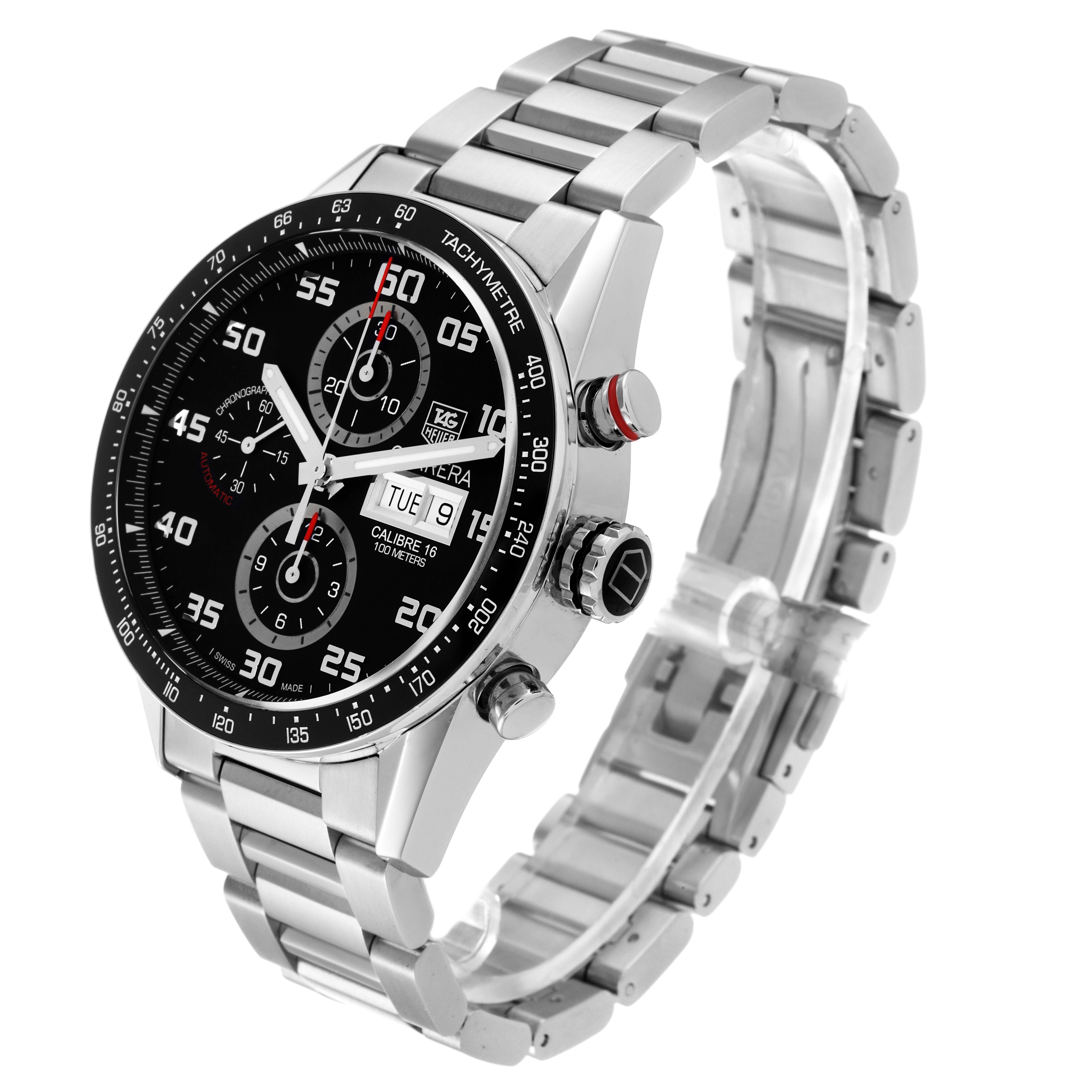 The Tag Heuer Carrera CV2A1R.BA0799 Men's Stainless Steel Black Dial CV2A1R.BA0799 Men's Stainless Steel Black Dial watch is shown at a three-quarter angle, highlighting its face, side buttons, and metal bracelet.