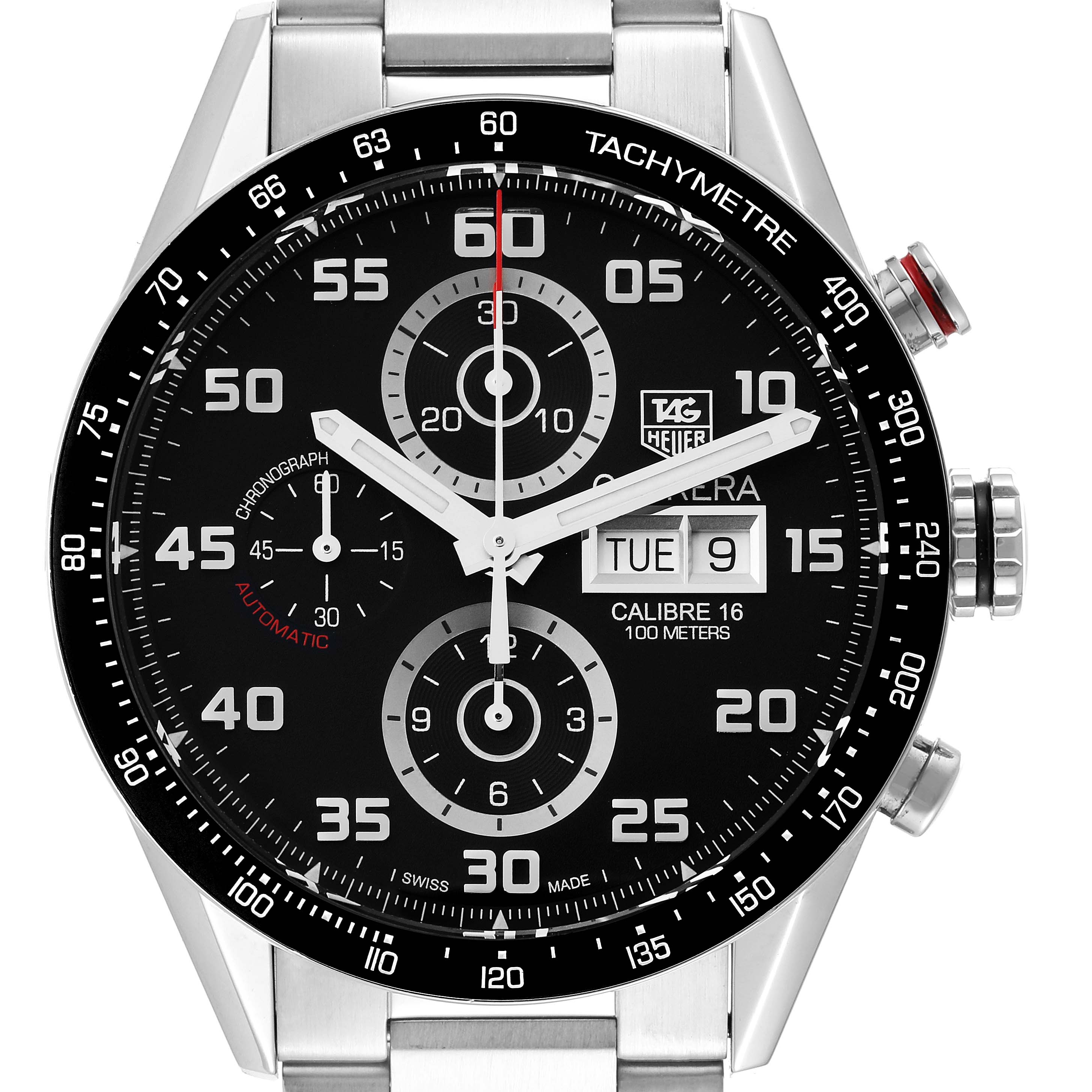 This image shows a frontal view of the Tag Heuer Carrera CV2A1R.BA0799 Men's Stainless Steel Black Dial CV2A1R.BA0799 Men's Stainless Steel Black Dial watch, displaying its dial, chronograph, and bracelet.