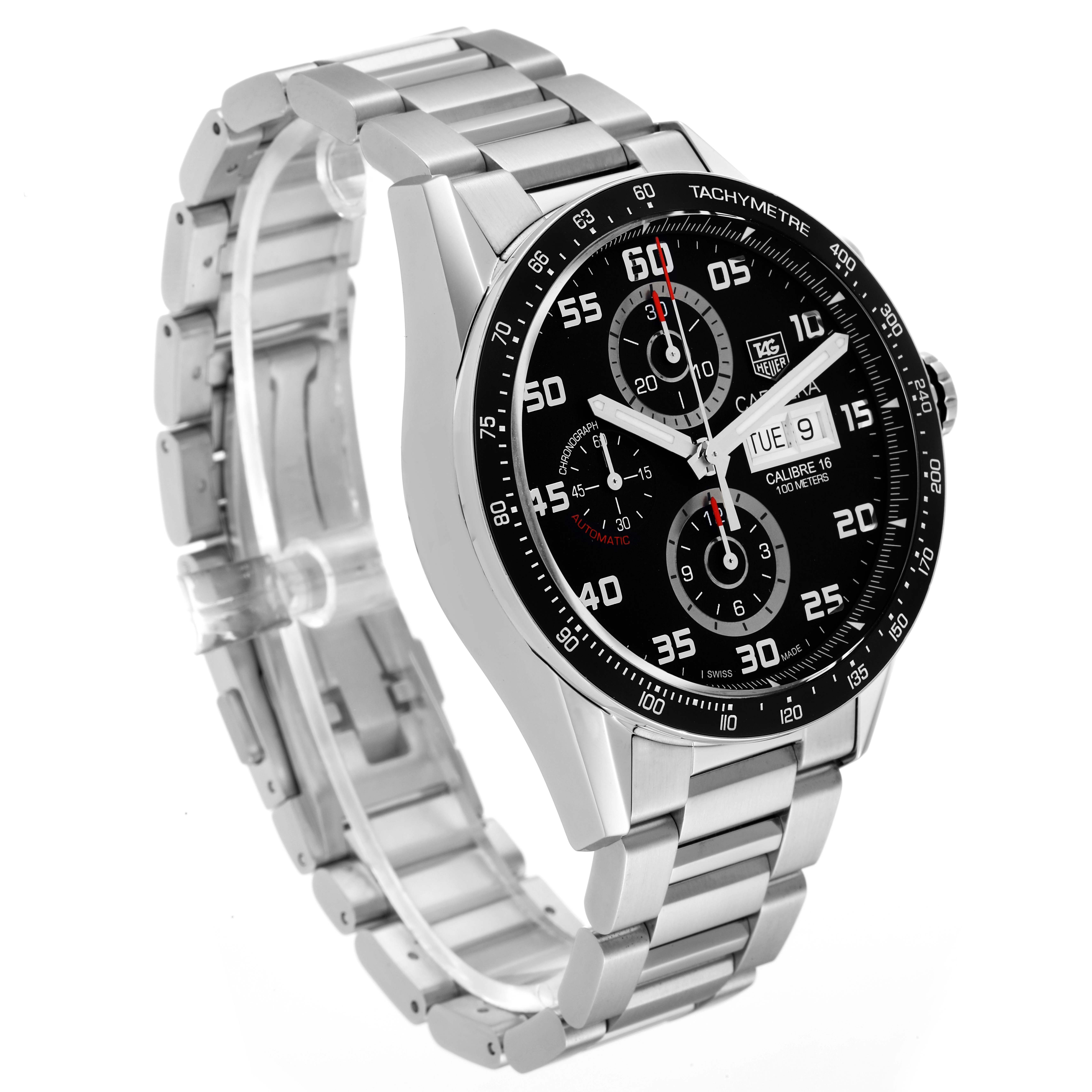 The image shows a Tag Heuer Carrera CV2A1R.BA0799 Men's Stainless Steel Black Dial CV2A1R.BA0799 Men's Stainless Steel Black Dial watch from an angled front view, displaying its dial, bezel, pushers, and metallic bracelet.