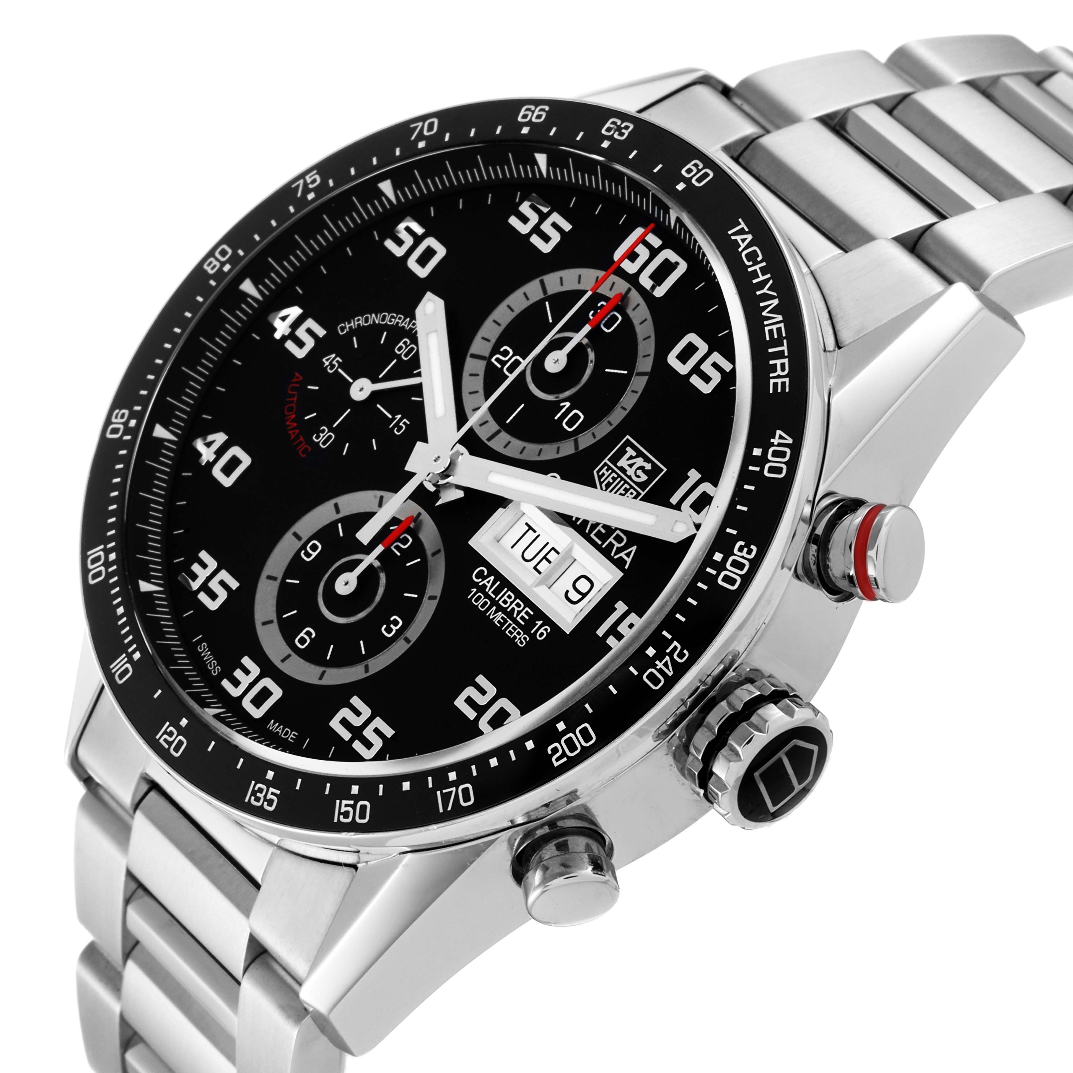 The image shows a close-up of a Tag Heuer Carrera CV2A1R.BA0799 Men's Stainless Steel Black Dial CV2A1R.BA0799 Men's Stainless Steel Black Dial watch face and side buttons from a right-side angle.