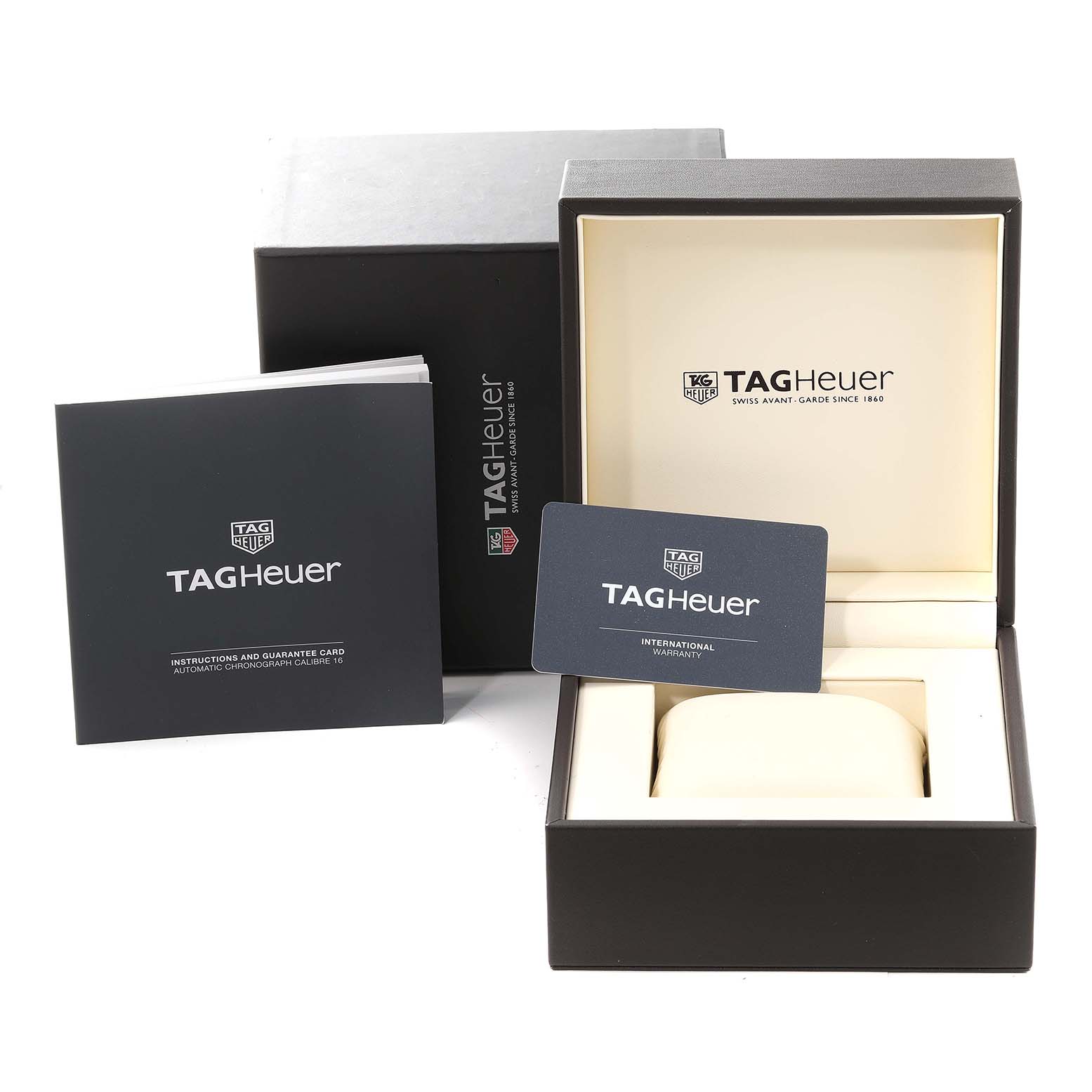 The image shows the packaging, warranty card, and manual for a Tag Heuer Carrera CV2A1R.BA0799 Men's Stainless Steel Black Dial CV2A1R.BA0799 Men's Stainless Steel Black Dial watch.