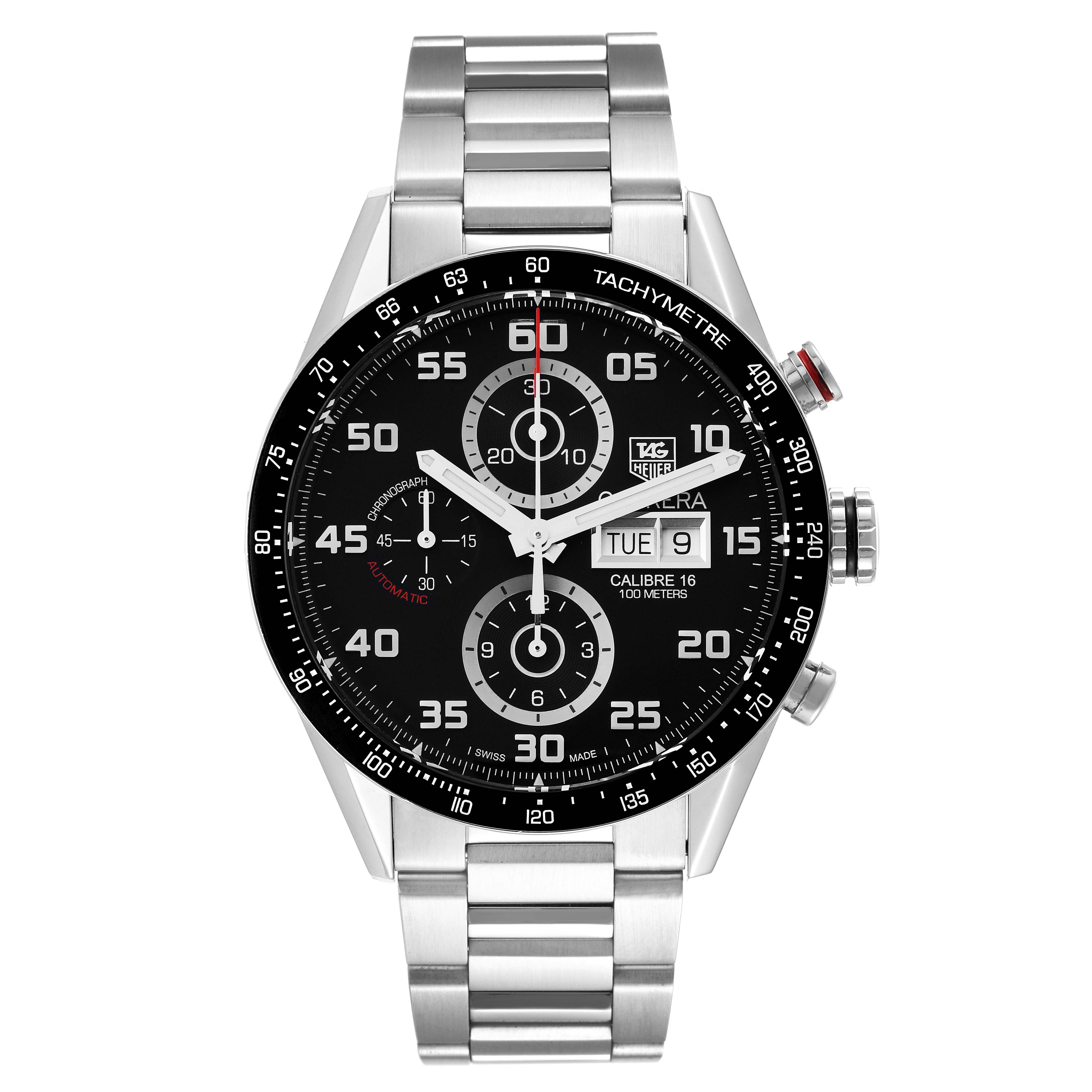 The image shows a front view of a Tag Heuer Carrera CV2A1R.BA0799 Men's Stainless Steel Black Dial CV2A1R.BA0799 Men's Stainless Steel Black Dial watch with a stainless steel bracelet and tachymeter bezel.