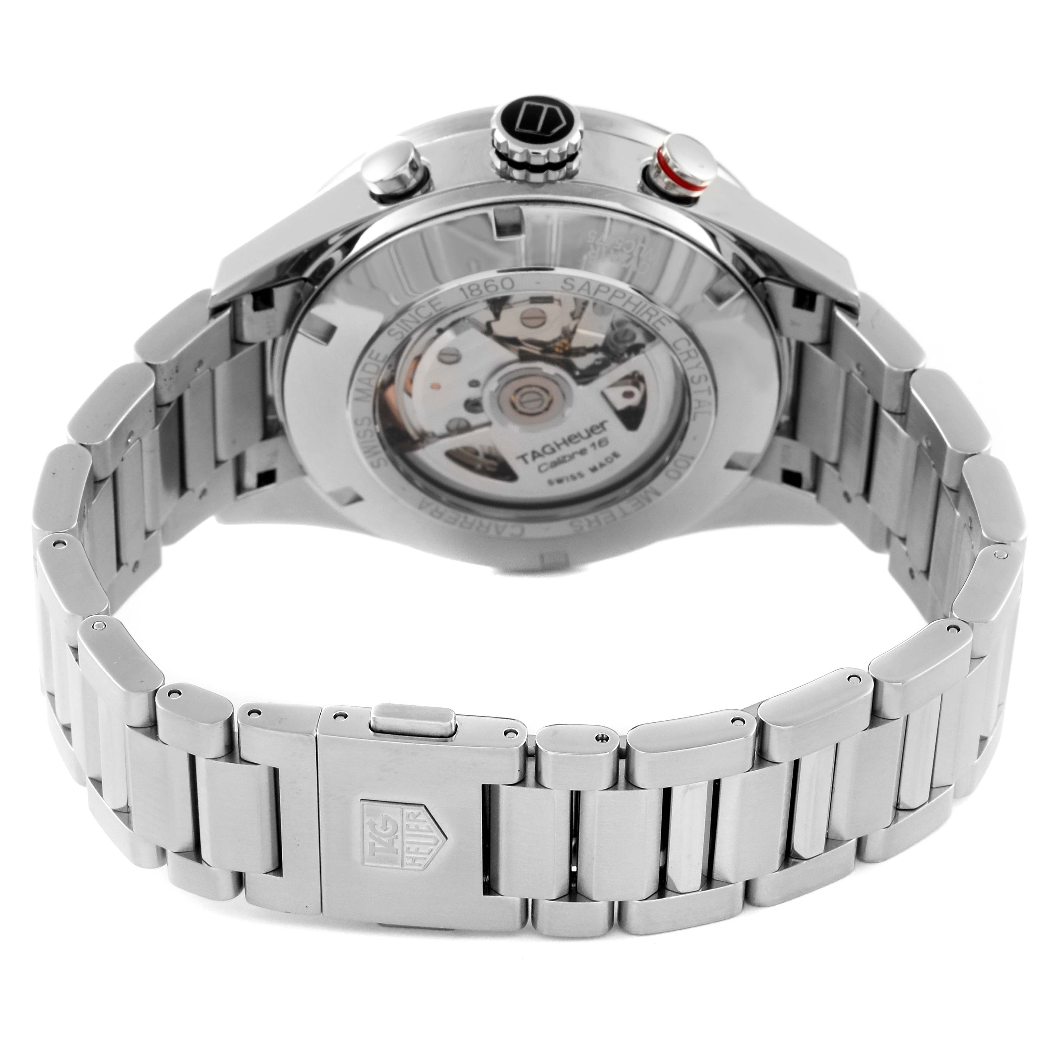 The image shows the back and side view of a Tag Heuer Carrera CV2A1R.BA0799 Men's Stainless Steel Black Dial CV2A1R.BA0799 Men's Stainless Steel Black Dial model watch, focusing on its metal bracelet, clasp, and transparent case back.