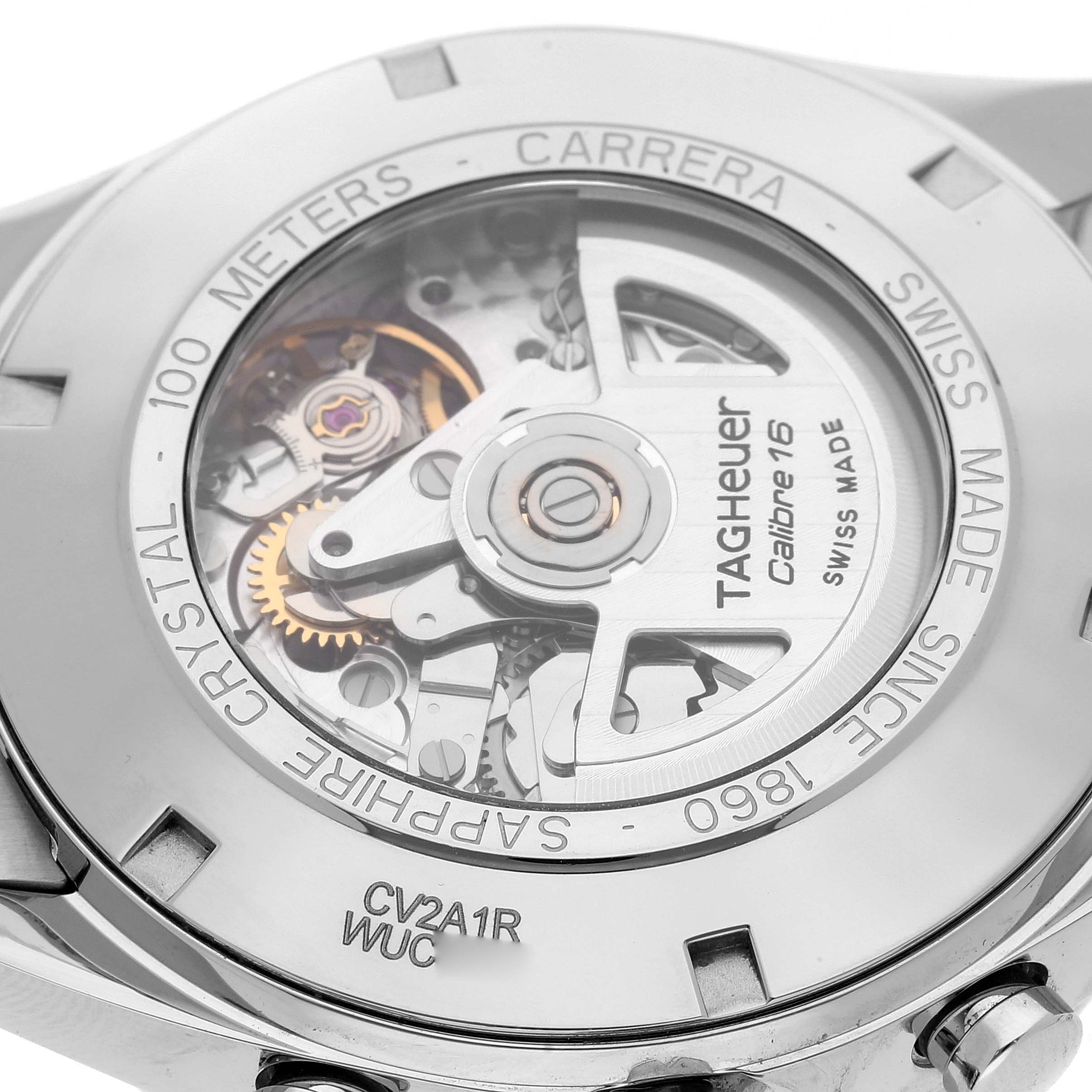 This image shows the back view of a Tag Heuer Carrera CV2A1R.BA0799 Men's Stainless Steel Black Dial CV2A1R.BA0799 Men's Stainless Steel Black Dial watch, showcasing its inner mechanical movement and markings.