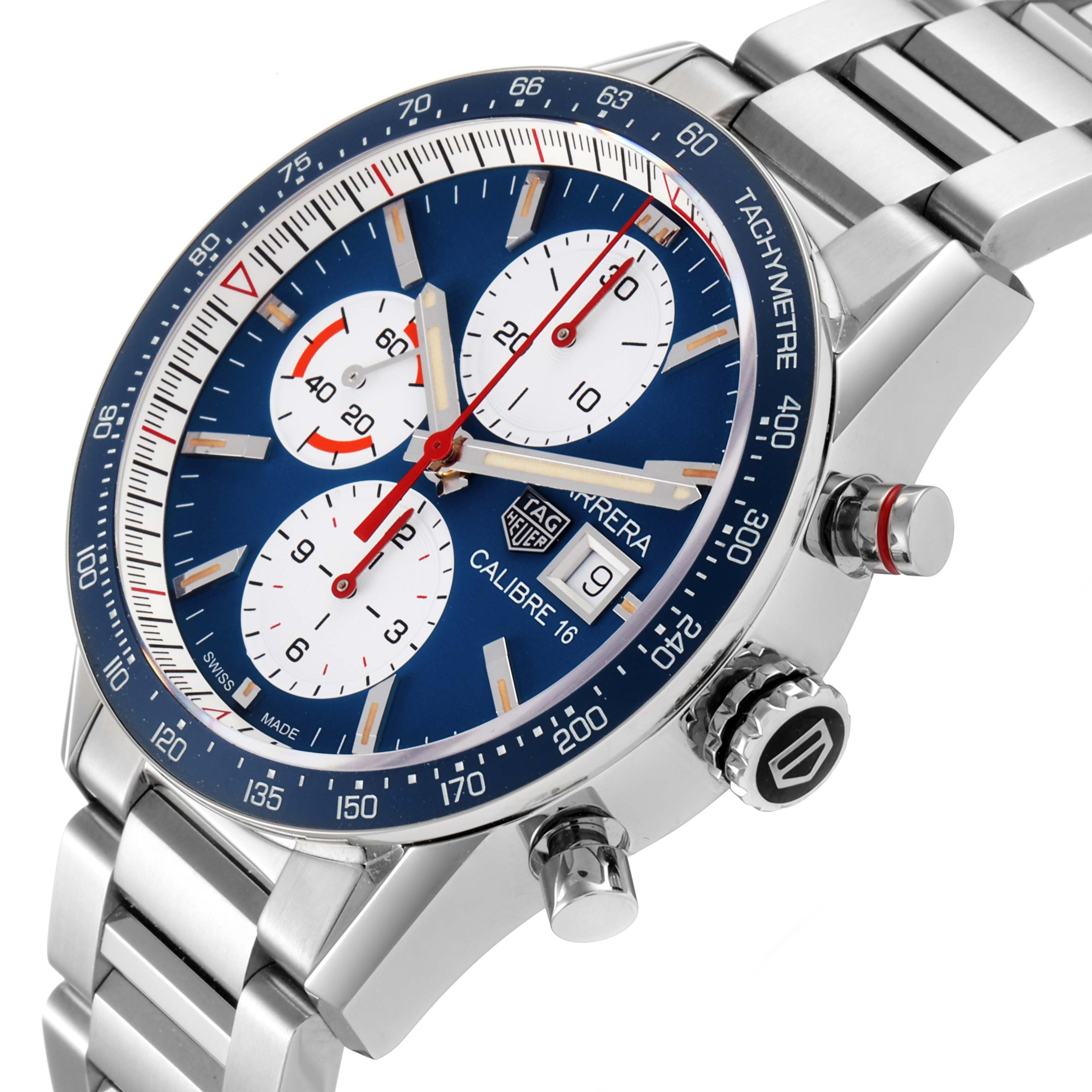 This Tag Heuer Carrera CV201AR.BA0715 Men
s Stainless Steel Blue Dial CV201AR.BA0715 Men
s Stainless Steel Blue Dial watch is shown from an angle highlighting its face, tachymeter, and stainless steel band.