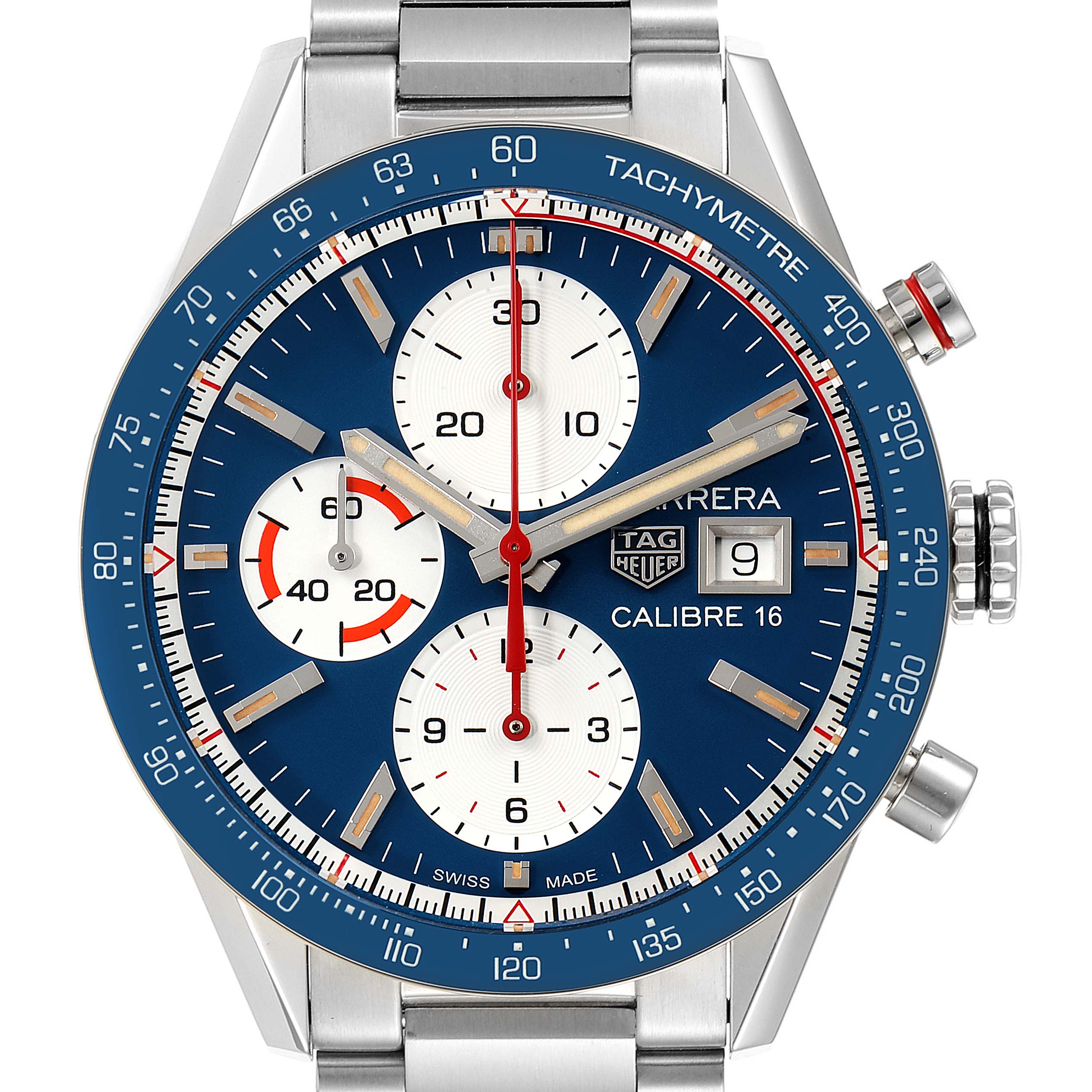 The image shows a close-up of a Tag Heuer Carrera CV201AR.BA0715 Men
s Stainless Steel Blue Dial CV201AR.BA0715 Men
s Stainless Steel Blue Dial watch face, featuring a blue dial, three subdials, and a tachymeter scale.
