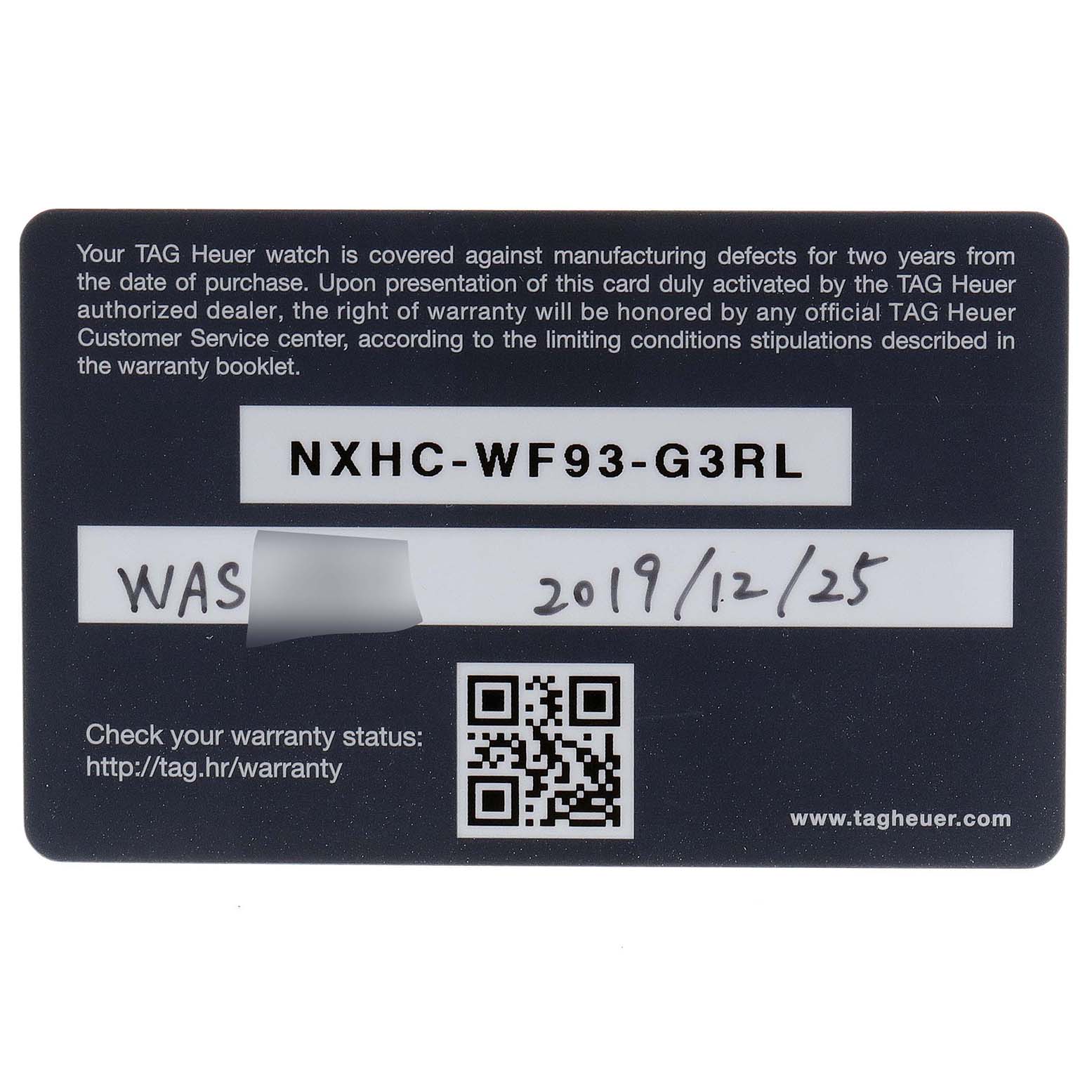 This is an image of the warranty card for a Tag Heuer Carrera CV201AR.BA0715 Men
s Stainless Steel Blue Dial CV201AR.BA0715 Men
s Stainless Steel Blue Dial watch, showing the serial number and the purchase date.
