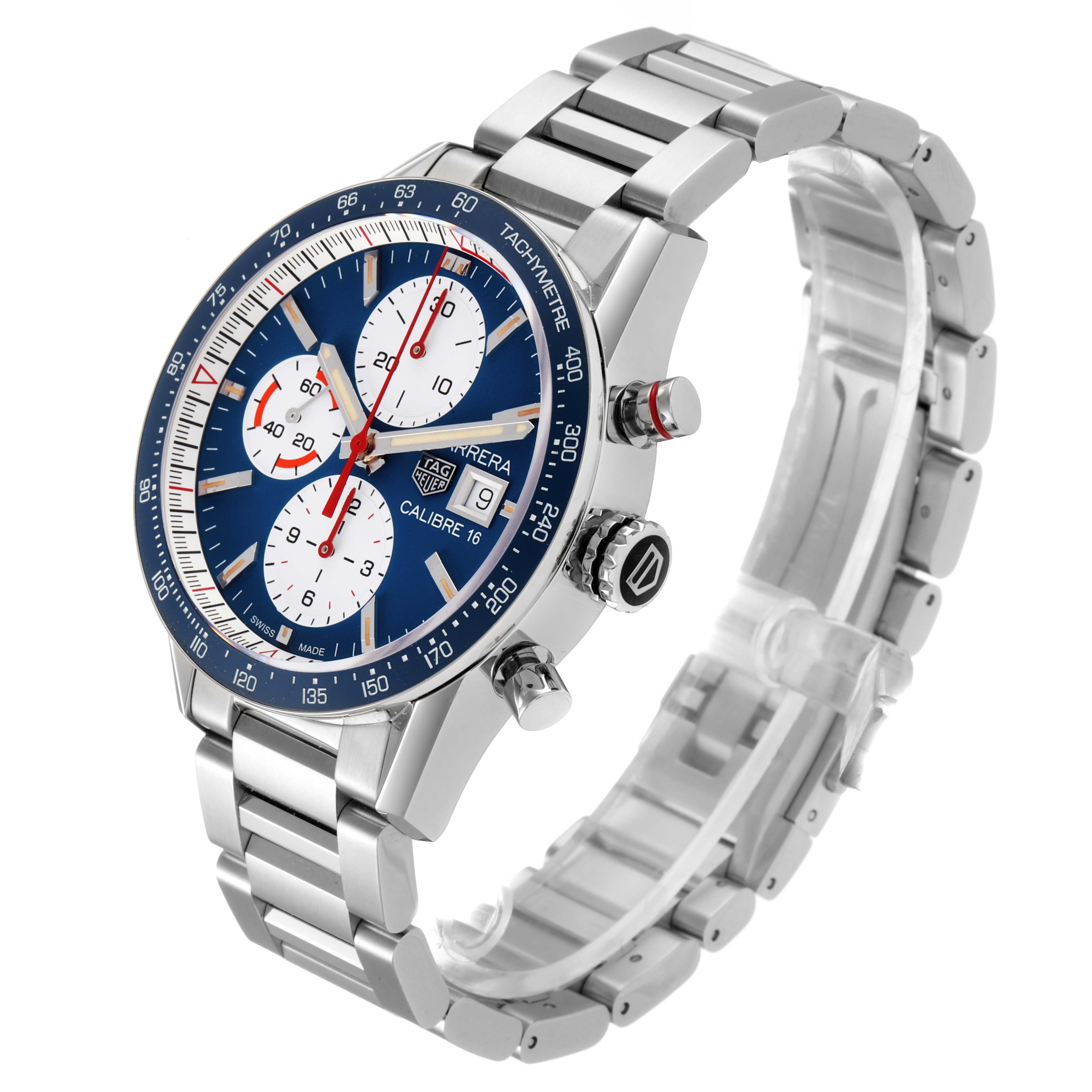 This Tag Heuer Carrera CV201AR.BA0715 Men
s Stainless Steel Blue Dial CV201AR.BA0715 Men
s Stainless Steel Blue Dial watch is shown at a three-quarter angle highlighting the face, bezel, and metal bracelet.