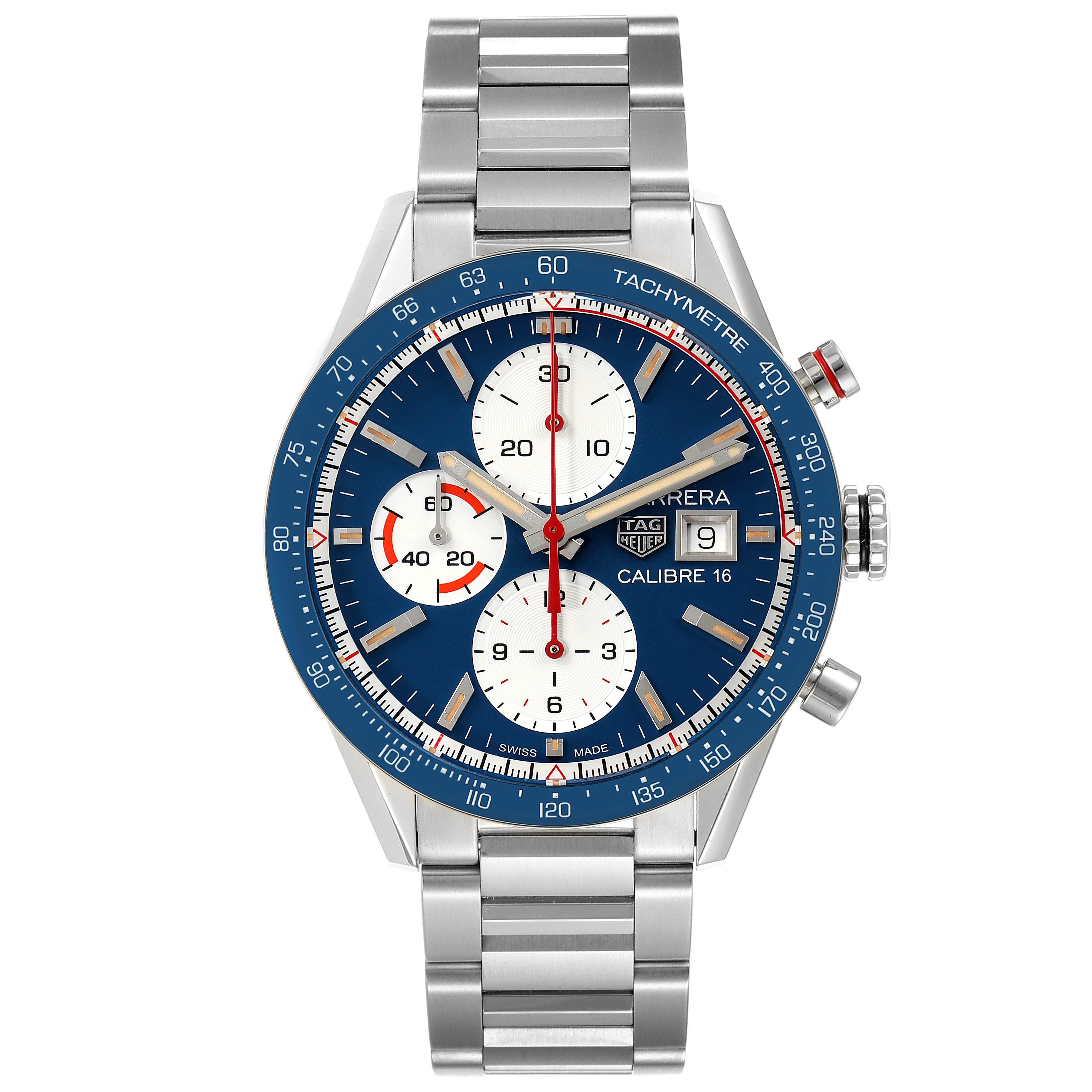 The image shows the front view of a Tag Heuer Carrera CV201AR.BA0715 Men
s Stainless Steel Blue Dial CV201AR.BA0715 Men
s Stainless Steel Blue Dial watch, featuring the dial, bezel, crown, pushers, and bracelet.