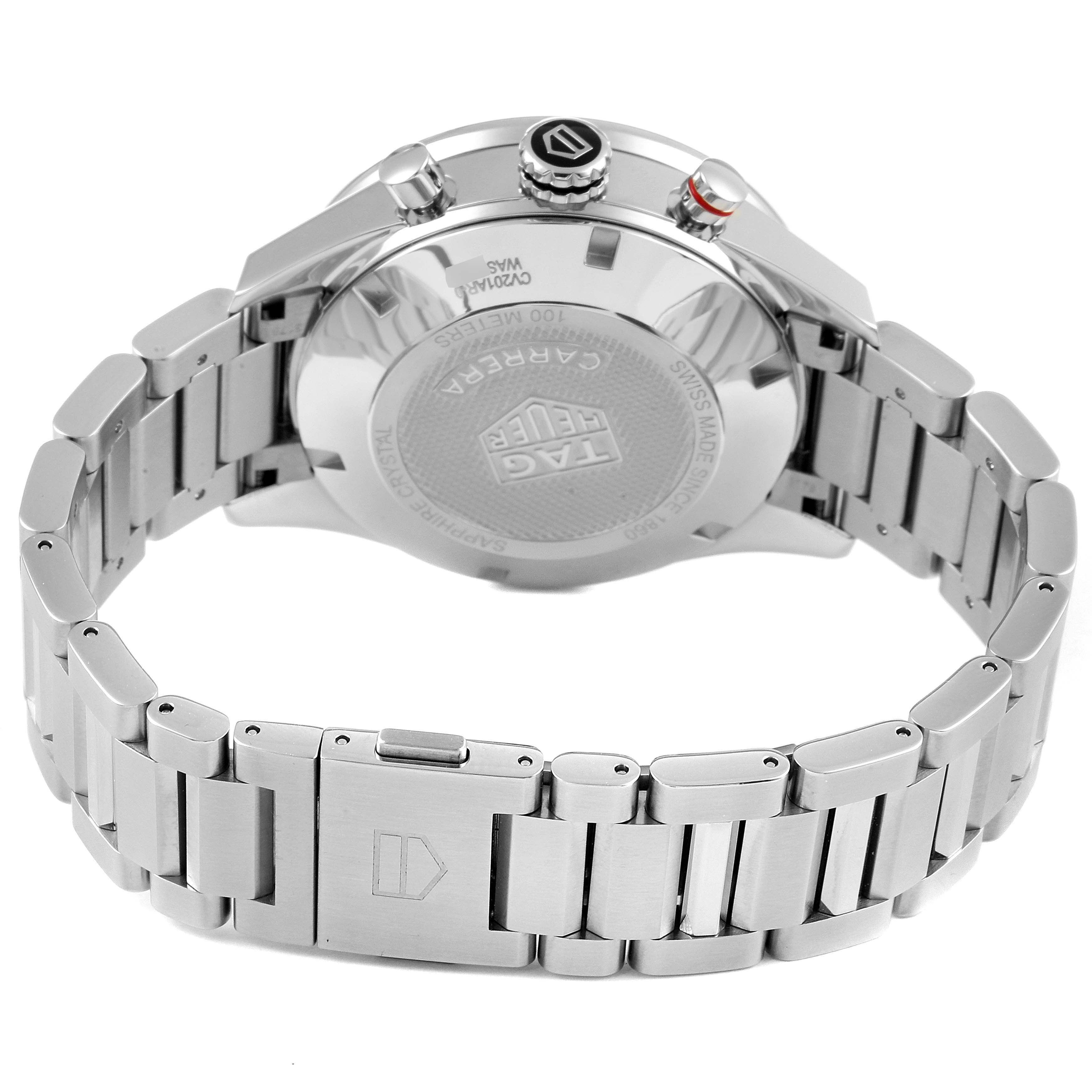 The image shows the rear view of the Tag Heuer Carrera CV201AR.BA0715 Men
s Stainless Steel Blue Dial CV201AR.BA0715 Men
s Stainless Steel Blue Dial watch, highlighting the case back, bracelet, and clasp.